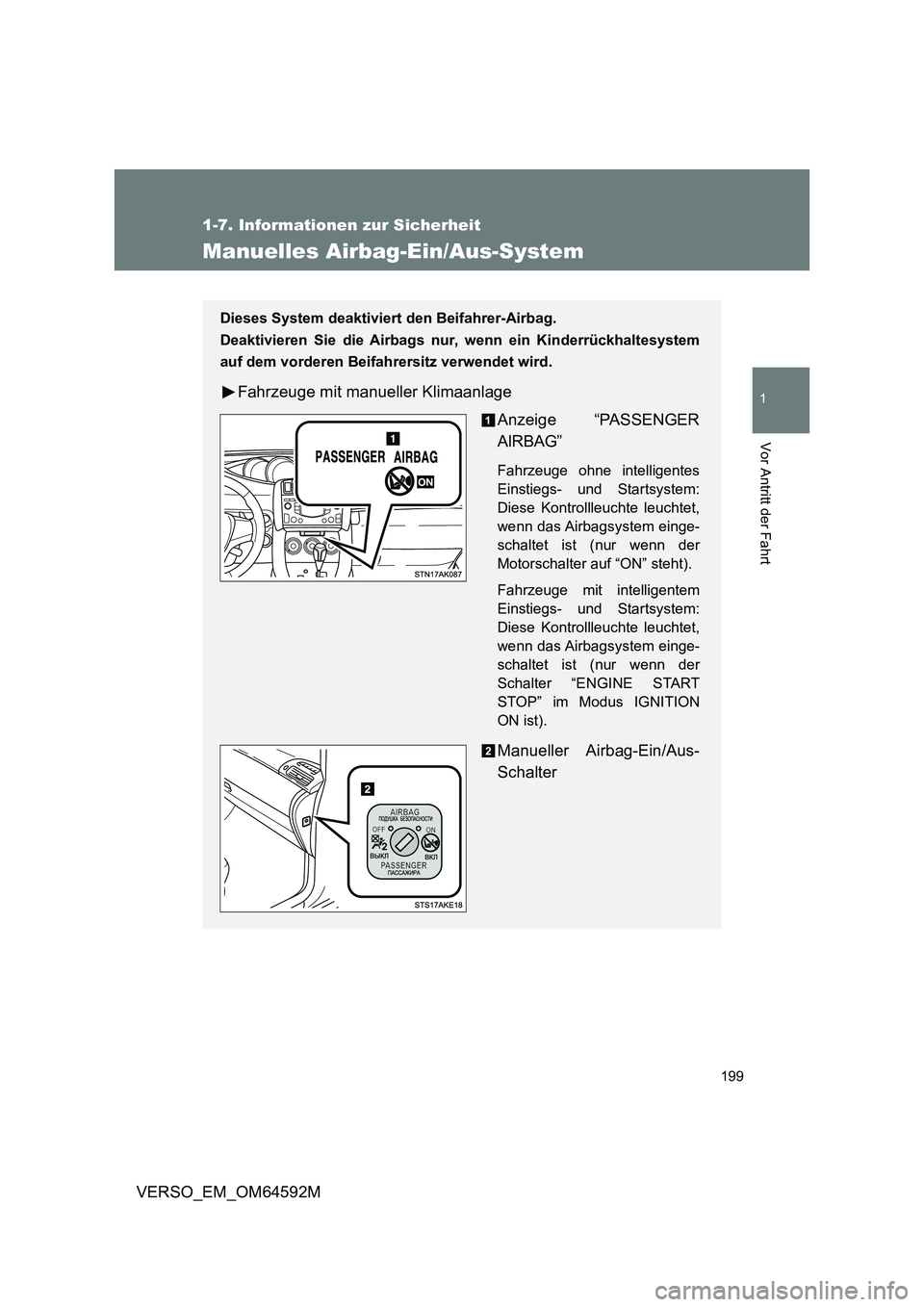 TOYOTA VERSO 2016  Betriebsanleitungen (in German) 199
1
1-7. Informationen zur Sicherheit
Vor Antritt der Fahrt
VERSO_EM_OM64592M
Manuelles Airbag-Ein/Aus-System
Dieses System deaktiviert den Beifahrer-Airbag. 
Deaktivieren Sie die Airbags nur, wenn 