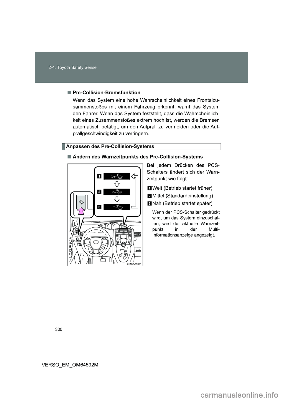 TOYOTA VERSO 2016  Betriebsanleitungen (in German) 300 
2-4. Toyota Safety Sense
VERSO_EM_OM64592M 
■ Pre-Collision-Bremsfunktion 
Wenn das System eine hohe Wahrscheinlichkeit eines Frontalzu- 
sammenstoßes mit einem Fahrzeug erkennt, warnt das Sys