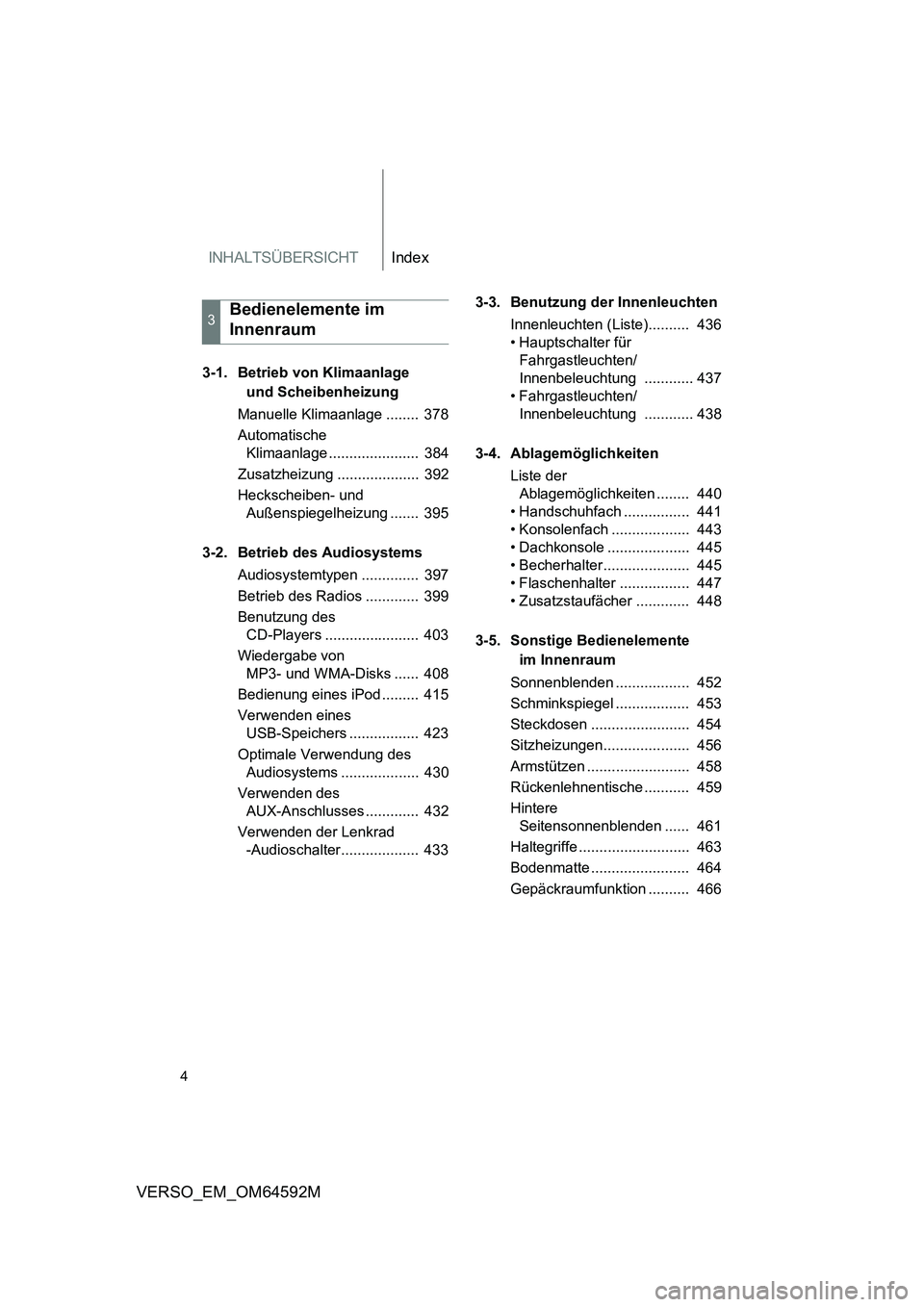 TOYOTA VERSO 2016 Betriebsanleitungen (in German) INHALTSÜBERSICHTIndex
4
VERSO_EM_OM64592M
3-1. Betrieb von Klimaanlage
und Scheibenheizung
Manuelle Klimaanlage ........ 378
Automatische
Klimaanlage ...................... 384
Zusatzheizung TOYOTA VERSO 2016 Betriebsanleitungen (in German) INHALTSÜBERSICHTIndex
4
VERSO_EM_OM64592M
3-1. Betrieb von Klimaanlage
und Scheibenheizung
Manuelle Klimaanlage ........ 378
Automatische
Klimaanlage ...................... 384
Zusatzheizung