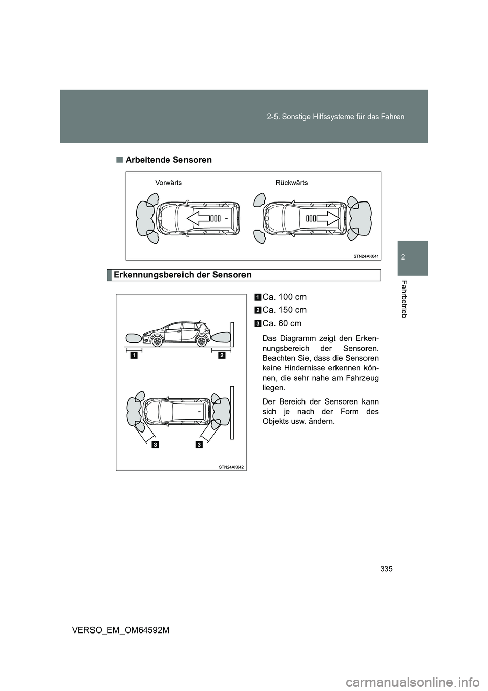 TOYOTA VERSO 2016  Betriebsanleitungen (in German) 335 
2-5. Sonstige Hilfssysteme für das Fahren
2
Fahrbetrieb
VERSO_EM_OM64592M 
■ Arbeitende Sensoren
Erkennungsbereich der Sensoren 
Ca. 100 cm 
Ca. 150 cm 
Ca. 60 cm
Das Diagramm zeigt den Erken-