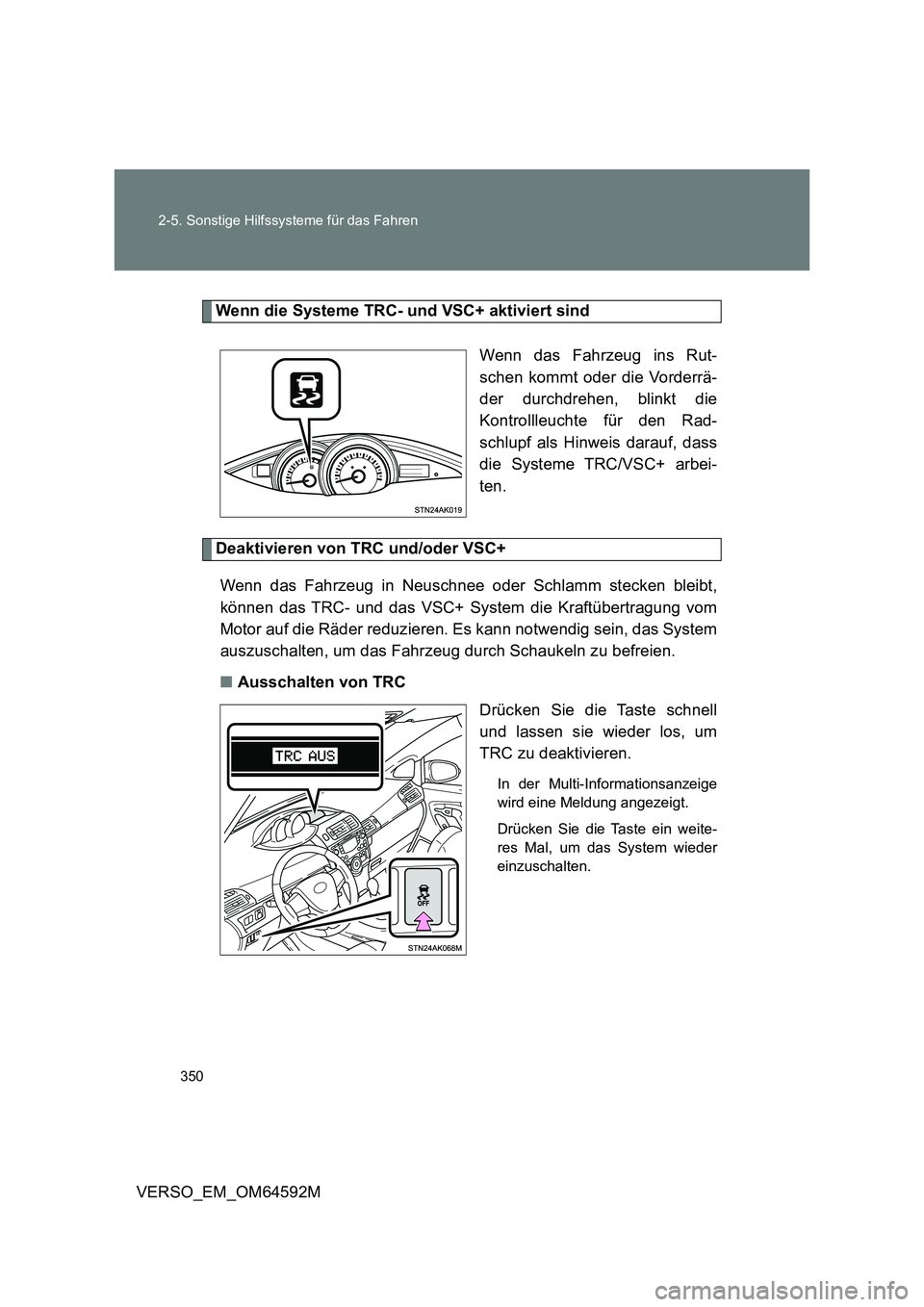 TOYOTA VERSO 2016  Betriebsanleitungen (in German) 350 
2-5. Sonstige Hilfssysteme für das Fahren
VERSO_EM_OM64592M
Wenn die Systeme TRC- und VSC+ aktiviert sind 
Wenn das Fahrzeug ins Rut- 
schen kommt oder die Vorderrä-
der durchdrehen, blinkt die