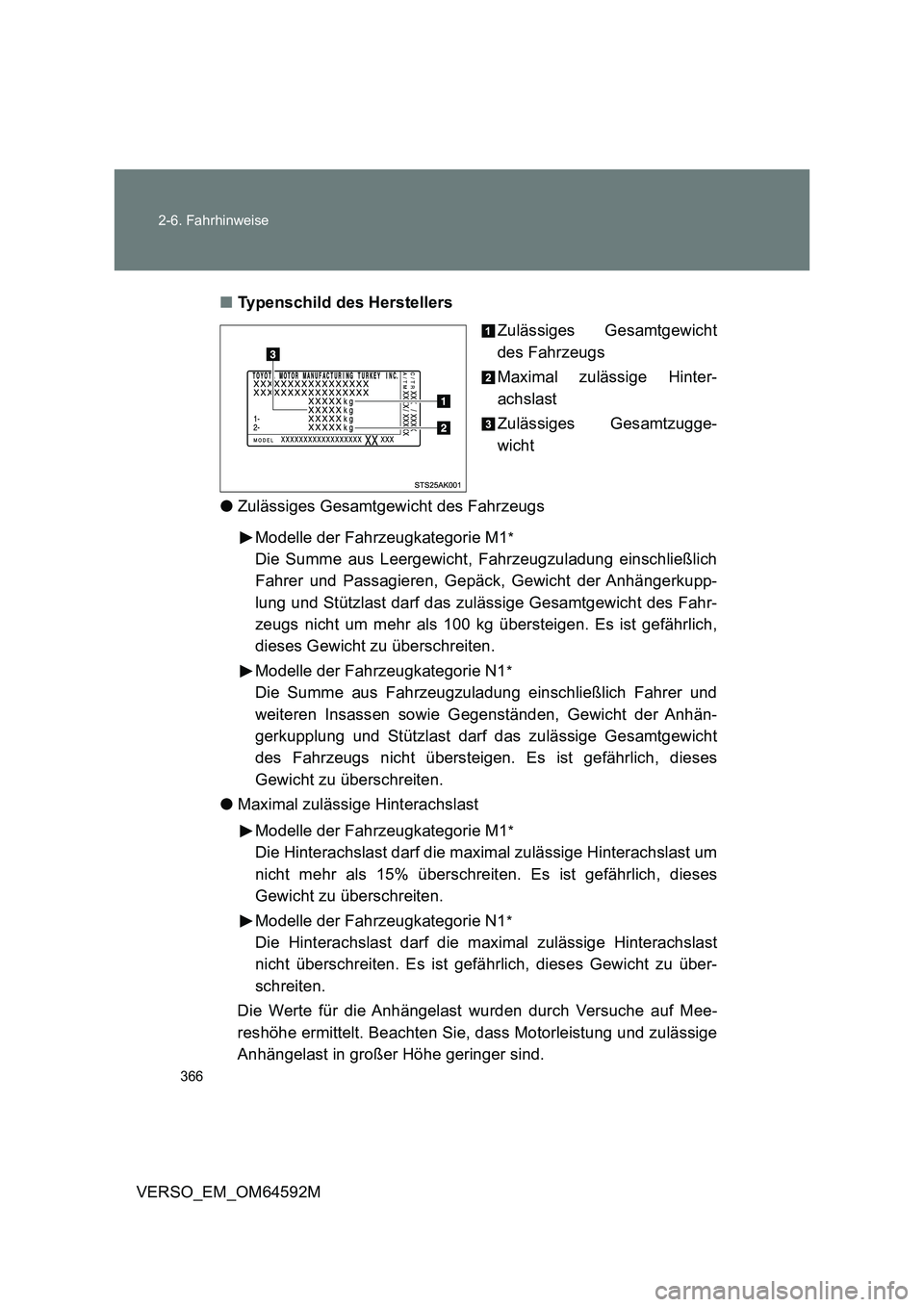 TOYOTA VERSO 2016  Betriebsanleitungen (in German) 366 
2-6. Fahrhinweise
VERSO_EM_OM64592M 
■ Typenschild des Herstellers 
Zulässiges Gesamtgewicht 
des Fahrzeugs 
Maximal zulässige Hinter- 
achslast 
Zulässiges Gesamtzugge- 
wicht 
● Zulässi