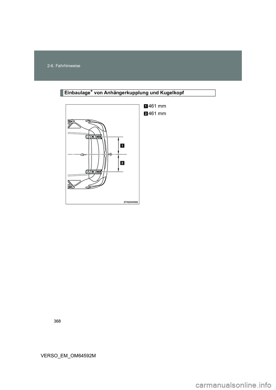 TOYOTA VERSO 2016  Betriebsanleitungen (in German) 368 
2-6. Fahrhinweise
VERSO_EM_OM64592M
Einbaulage* von Anhängerkupplung und Kugelkopf 
461 mm 
461 mm 