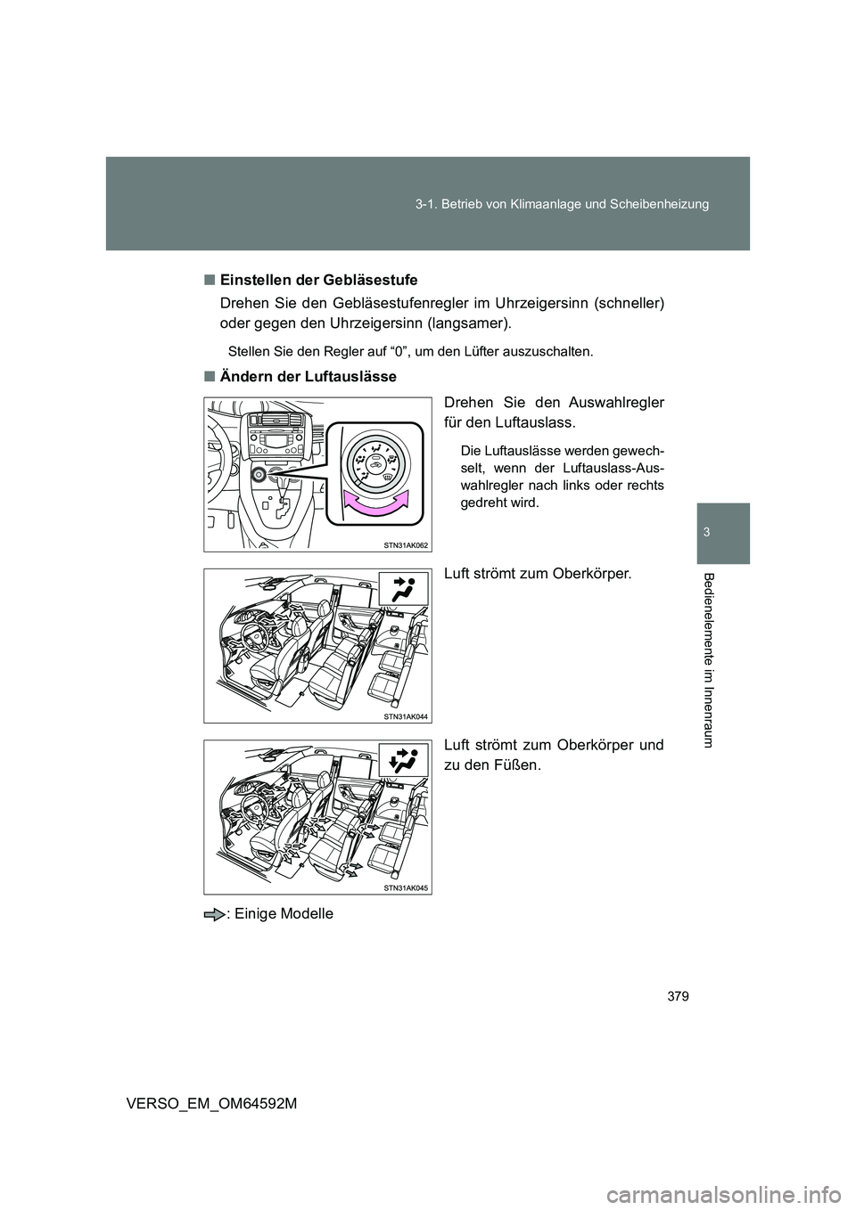 TOYOTA VERSO 2016  Betriebsanleitungen (in German) 379 
3-1. Betrieb von Klimaanlage und Scheibenheizung
3
Bedienelemente im Innenraum
VERSO_EM_OM64592M 
■ Einstellen der Gebläsestufe 
Drehen Sie den Gebläsestufenregler im Uhrzeigersinn (schneller