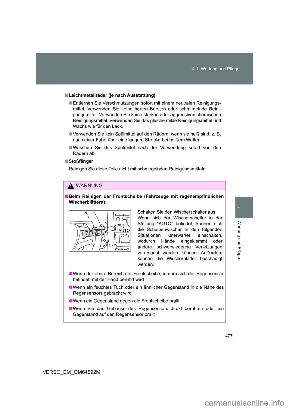 TOYOTA VERSO 2016  Betriebsanleitungen (in German) 477 
4-1. Wartung und Pflege
4
Wartung und Pflege
VERSO_EM_OM64592M
■ Leichtmetallräder (je nach Ausstattung) 
● Entfernen Sie Verschmutzungen sofort mit einem neutralen Reinigungs- 
mittel. Verw