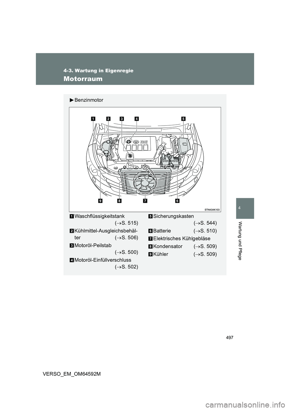 TOYOTA VERSO 2016  Betriebsanleitungen (in German) 497
4-3. Wartung in Eigenregie
4
Wartung und Pflege
VERSO_EM_OM64592M
Motorraum
Benzinmotor
Waschflüssigkeitstank 
( S. 515) 
Kühlmittel-Ausgleichsbehäl- 
ter ( S. 506) 
Motoröl-Peilstab 
( 