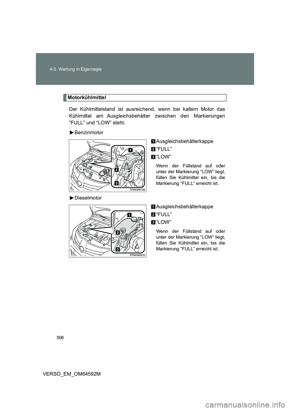 TOYOTA VERSO 2016  Betriebsanleitungen (in German) 506 
4-3. Wartung in Eigenregie
VERSO_EM_OM64592M
Motorkühlmittel 
Der Kühlmittelstand ist ausreichend, wenn bei kaltem Motor das 
Kühlmittel am Ausgleichsbehälter zwischen den Markierungen 
“FU