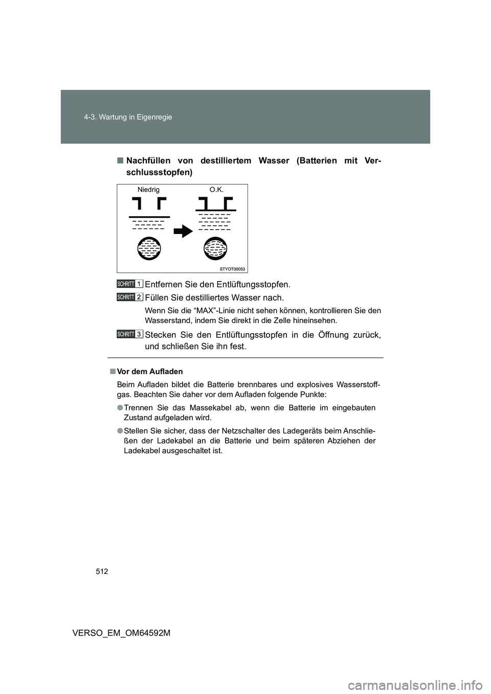 TOYOTA VERSO 2016  Betriebsanleitungen (in German) 512 
4-3. Wartung in Eigenregie
VERSO_EM_OM64592M 
■ Nachfüllen von destilliertem Wasser (Batterien mit Ver- 
schlussstopfen) 
Entfernen Sie den Entlüftungsstopfen. 
Füllen Sie destilliertes Wass