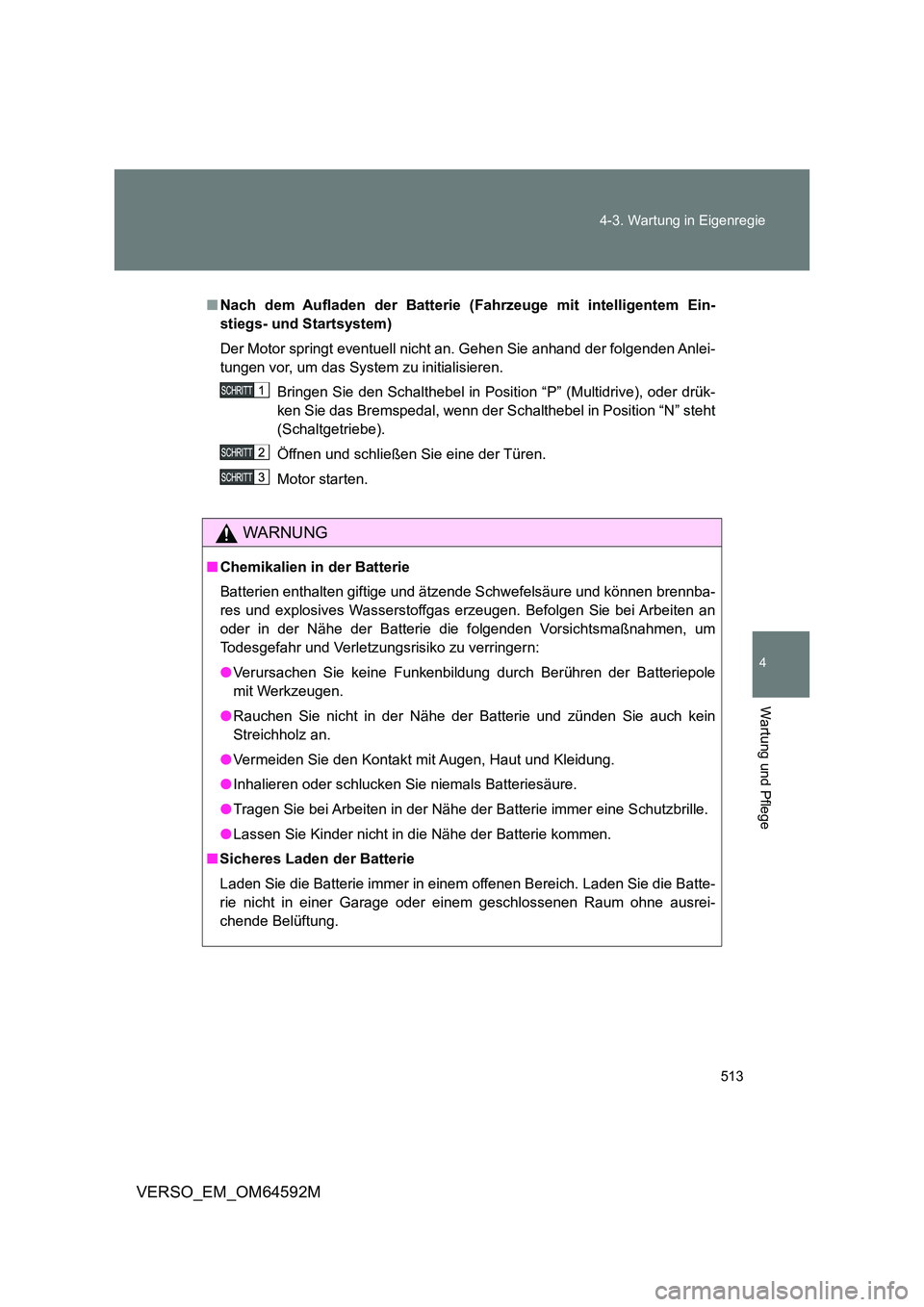 TOYOTA VERSO 2016  Betriebsanleitungen (in German) 513 
4-3. Wartung in Eigenregie
4
Wartung und Pflege
VERSO_EM_OM64592M
■ Nach dem Aufladen der Batterie (Fahrzeuge mit intelligentem Ein- 
stiegs- und Startsystem) 
Der Motor springt eventuell nicht