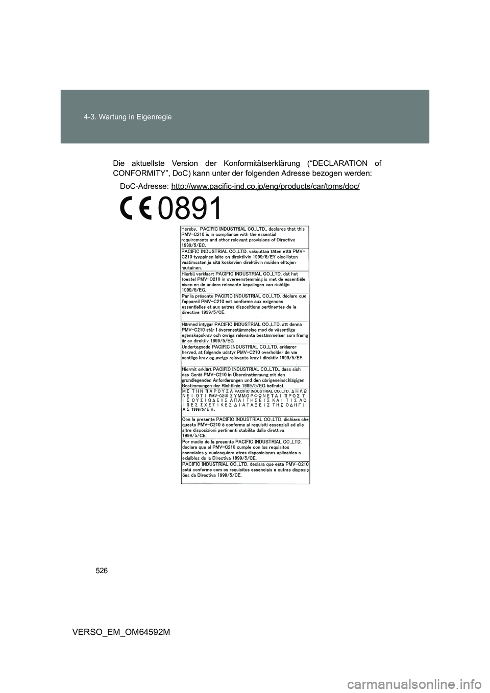 TOYOTA VERSO 2016  Betriebsanleitungen (in German) 526 
4-3. Wartung in Eigenregie
VERSO_EM_OM64592M
Die aktuellste Version der Konformitätserklärung (“DECLARATION of 
CONFORMITY”, DoC) kann unter  der folgenden Adresse bezogen werden: 
DoC-Adre