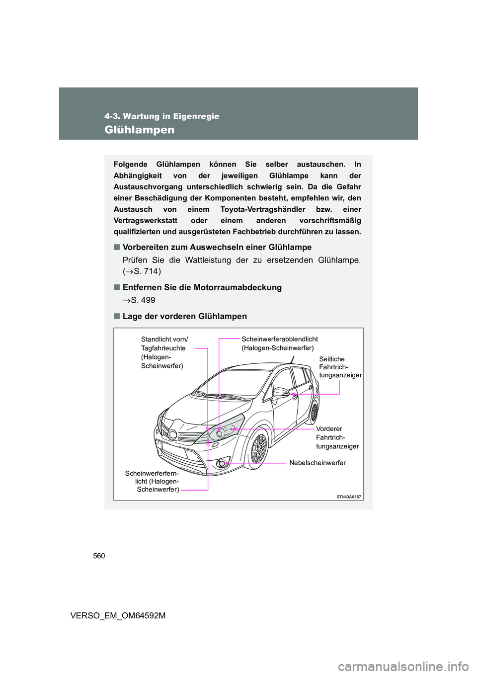 TOYOTA VERSO 2016  Betriebsanleitungen (in German) 560
4-3. Wartung in Eigenregie
VERSO_EM_OM64592M
Glühlampen
Folgende Glühlampen können Sie selber austauschen. In 
Abhängigkeit von der jeweiligen Glühlampe kann der
Austauschvorgang unterschiedl