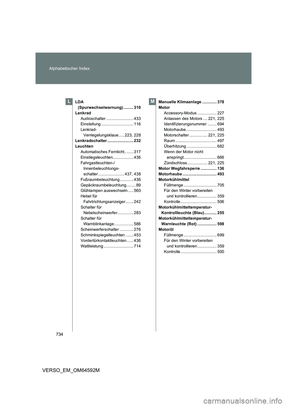 TOYOTA VERSO 2016  Betriebsanleitungen (in German) 734 
Alphabetischer Index
VERSO_EM_OM64592M
LDA  
(Spurwechselwarnung) ......... 310
Lenkrad
Audioschalter ........................ 433 
Einstellung ............................ 116 
Lenkrad-
Verriege