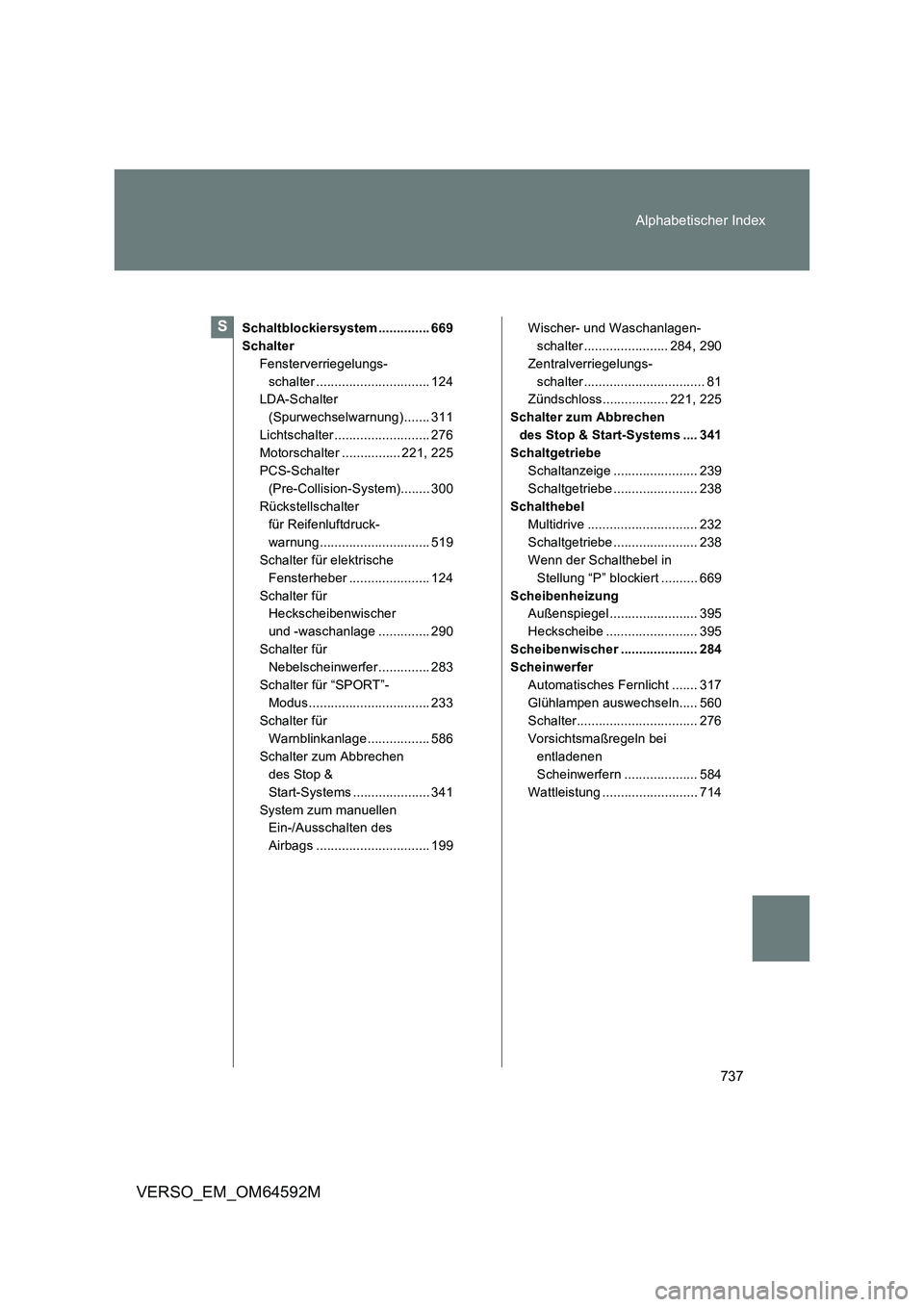 TOYOTA VERSO 2016  Betriebsanleitungen (in German) 737 
Alphabetischer Index
VERSO_EM_OM64592M
Schaltblockiersystem .............. 669 
Schalter
Fensterverriegelungs-
schalter ............................... 124 
LDA-Schalter  
(Spurwechselwarnung) ..