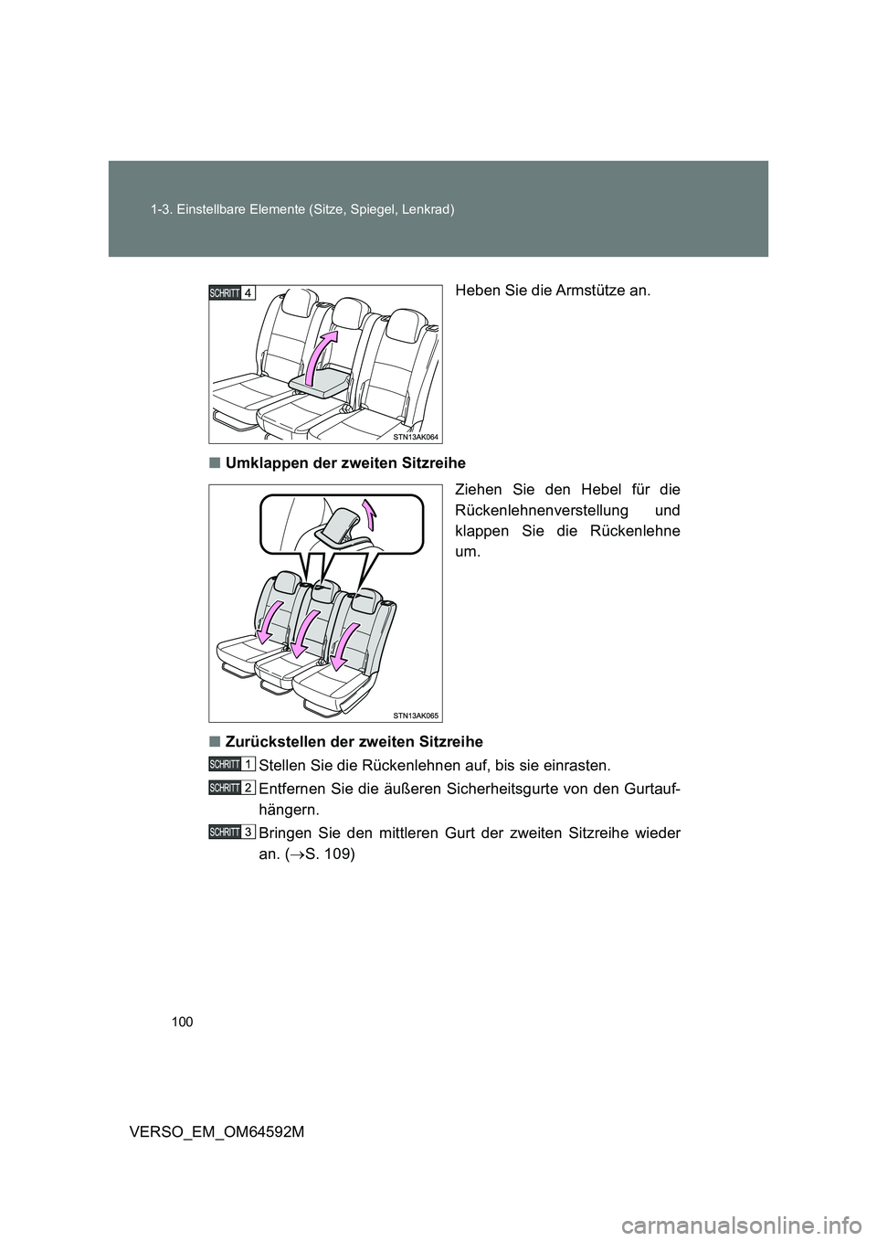 TOYOTA VERSO 2016  Betriebsanleitungen (in German) 100 
1-3. Einstellbare Elemente (Sitze, Spiegel, Lenkrad)
VERSO_EM_OM64592M 
Heben Sie die Armstütze an. 
■ Umklappen der zweiten Sitzreihe 
Ziehen Sie den Hebel für die 
Rückenlehnenverstellung 