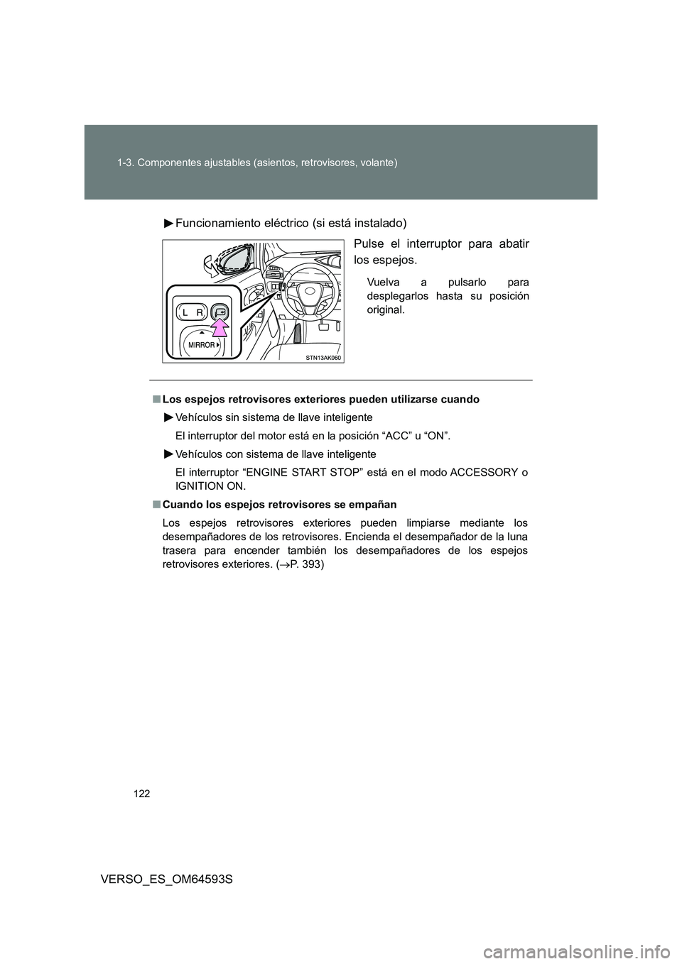 TOYOTA VERSO 2016  Manuale de Empleo (in Spanish) 122 
1-3. Componentes ajustables (asientos, retrovisores, volante)
VERSO_ES_OM64593S 
Funcionamiento eléctrico (si está instalado) 
Pulse el interruptor para abatir 
los espejos.
Vuelva a pulsarlo p