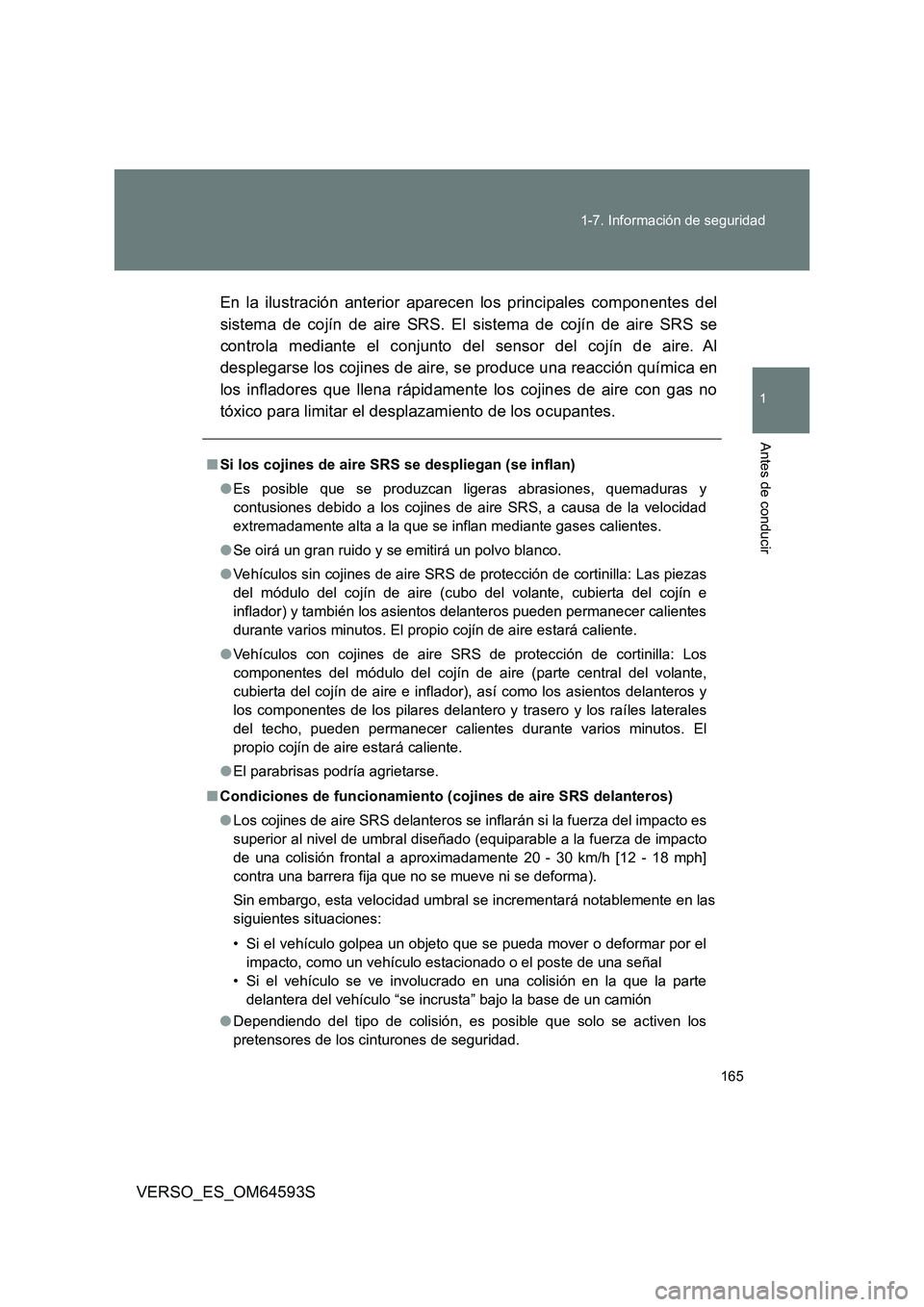 TOYOTA VERSO 2016 Manuale de Empleo (in Spanish) 165
1-7. Información de seguridad
1
Antes de conducir
VERSO_ES_OM64593S
En la ilustración anterior aparecen los principales componentes del
sistema de cojín de aire SRS. El sistema de cojín de TOYOTA VERSO 2016 Manuale de Empleo (in Spanish) 165
1-7. Información de seguridad
1
Antes de conducir
VERSO_ES_OM64593S
En la ilustración anterior aparecen los principales componentes del
sistema de cojín de aire SRS. El sistema de cojín de