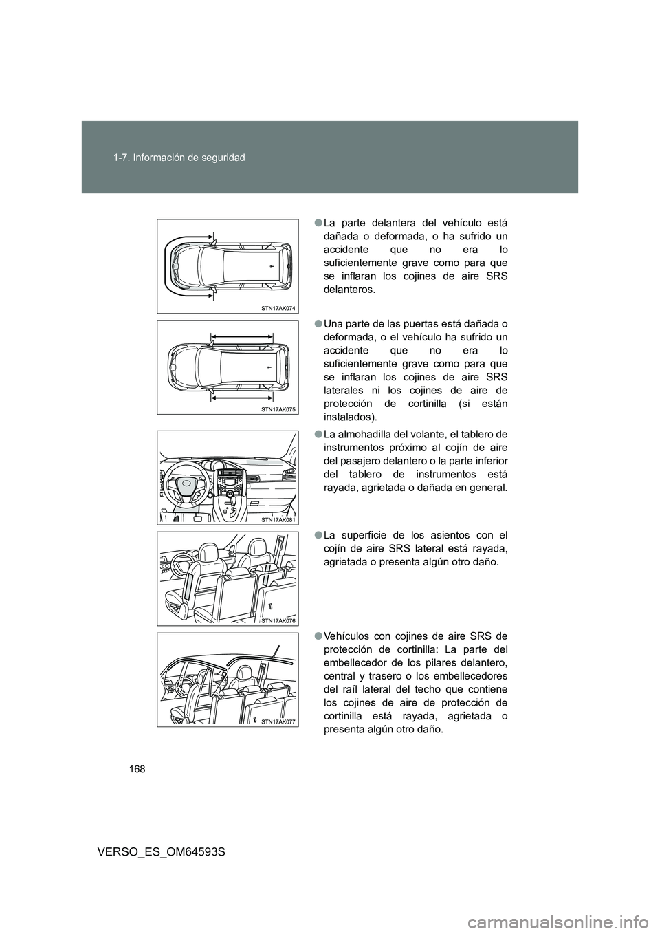 TOYOTA VERSO 2016 Manuale de Empleo (in Spanish) 168
1-7. Información de seguridad
VERSO_ES_OM64593S
● La parte delantera del vehículo está
dañada o deformada, o ha sufrido un
accidente que no era lo
suficientemente grave como para que
se in TOYOTA VERSO 2016 Manuale de Empleo (in Spanish) 168
1-7. Información de seguridad
VERSO_ES_OM64593S
● La parte delantera del vehículo está
dañada o deformada, o ha sufrido un
accidente que no era lo
suficientemente grave como para que
se in