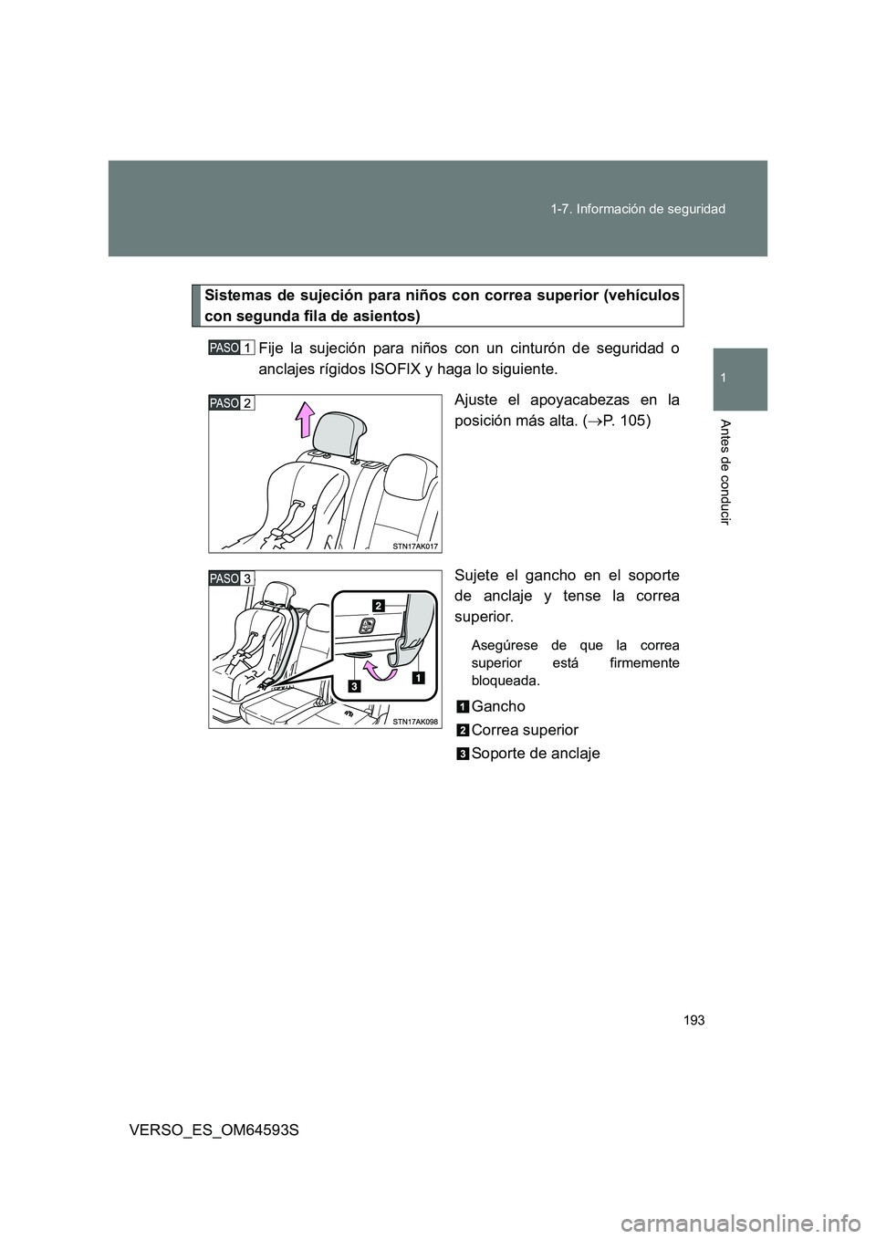 TOYOTA VERSO 2016  Manuale de Empleo (in Spanish) 193 
1-7. Información de seguridad
1
Antes de conducir
VERSO_ES_OM64593S
Sistemas de sujeción para niños con correa superior (vehículos 
con segunda fila de asientos) 
Fije la sujeción para niño