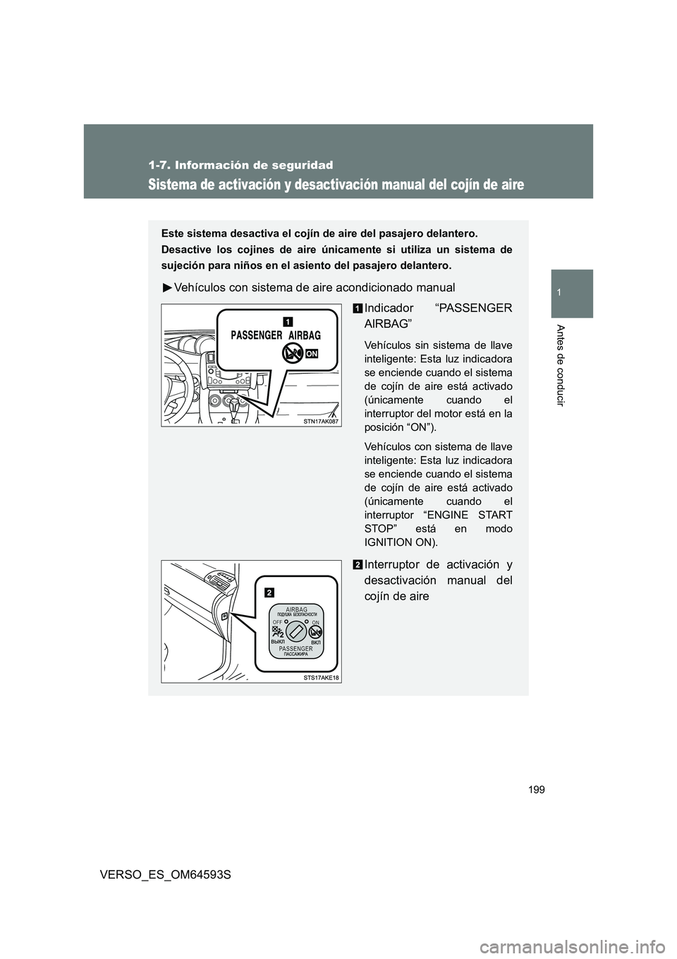TOYOTA VERSO 2016  Manuale de Empleo (in Spanish) 199
1
1-7. Información de seguridad
Antes de conducir
VERSO_ES_OM64593S
Sistema de activación y desactivación manual del cojín de aire
Este sistema desactiva el cojín de aire del pasajero delante