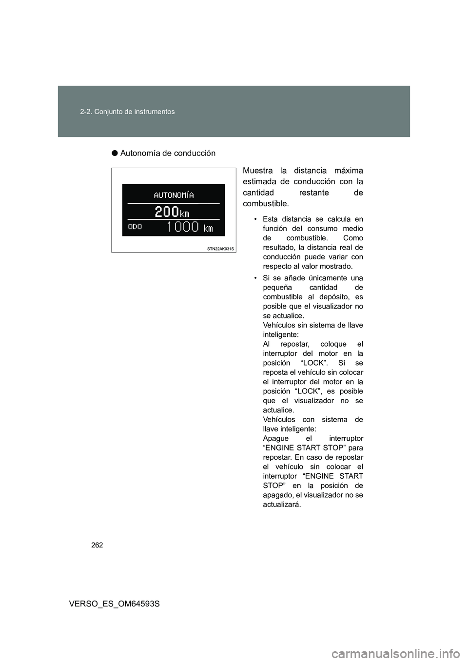 TOYOTA VERSO 2016  Manuale de Empleo (in Spanish) 262 
2-2. Conjunto de instrumentos
VERSO_ES_OM64593S 
● Autonomía de conducción 
Muestra la distancia máxima 
estimada de conducción con la 
cantidad restante de
combustible. 
• Esta distancia