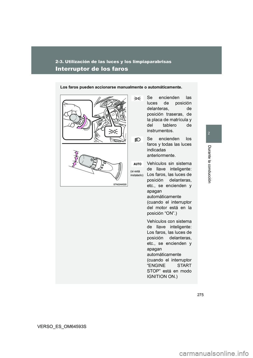 TOYOTA VERSO 2016  Manuale de Empleo (in Spanish) 275
2
Durante la conducción
VERSO_ES_OM64593S
2-3. Utilización de las luces y los limpiaparabrisas
Interruptor de los faros
Los faros pueden accionarse manualmente o automáticamente.
Se encienden l