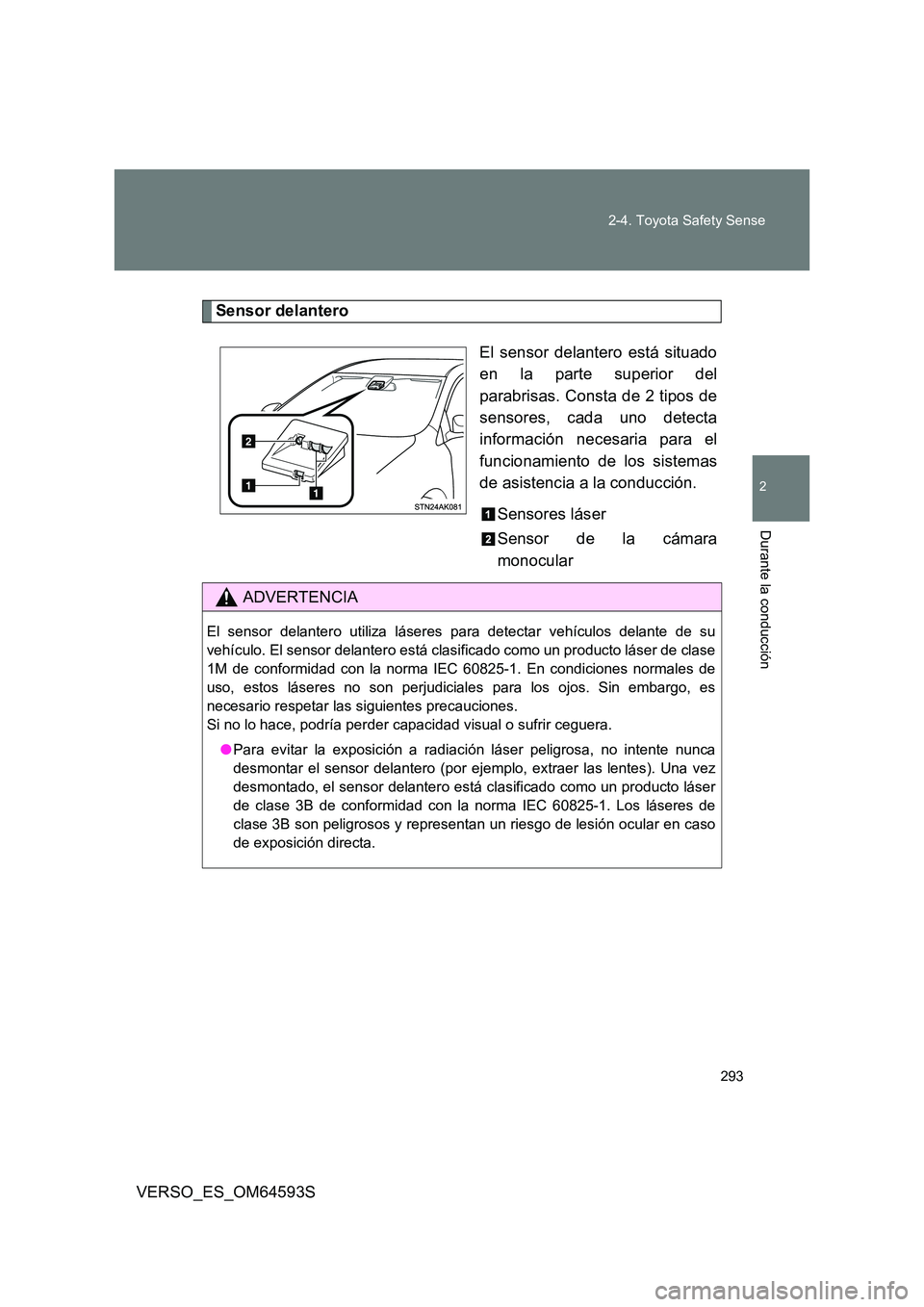 TOYOTA VERSO 2016 Manuale de Empleo (in Spanish) 293
2-4. Toyota Safety Sense
VERSO_ES_OM64593S
2
Durante la conducción
Sensor delantero
El sensor delantero está situado
en la parte superior del
parabrisas. Consta de 2 tipos de
sensores, cada TOYOTA VERSO 2016 Manuale de Empleo (in Spanish) 293
2-4. Toyota Safety Sense
VERSO_ES_OM64593S
2
Durante la conducción
Sensor delantero
El sensor delantero está situado
en la parte superior del
parabrisas. Consta de 2 tipos de
sensores, cada