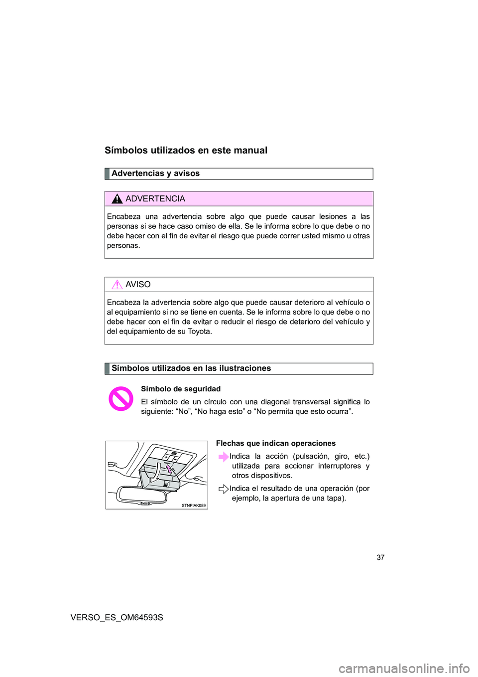 TOYOTA VERSO 2016  Manuale de Empleo (in Spanish) 37
VERSO_ES_OM64593S
Símbolos utilizados en este manual
Advertencias y avisos
Símbolos utilizados en las ilustraciones
ADVERTENCIA
Encabeza una advertencia sobre algo que puede causar lesiones a las