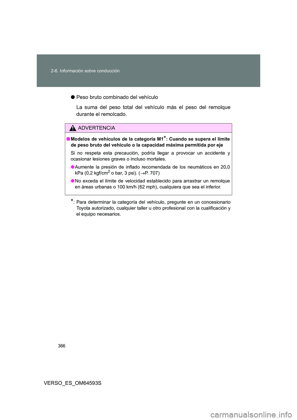 TOYOTA VERSO 2016  Manuale de Empleo (in Spanish) 366 
2-6. Información sobre conducción
VERSO_ES_OM64593S 
● Peso bruto combinado del vehículo 
La suma del peso total del vehículo más el peso del remolque 
durante el remolcado.
*: Para determ