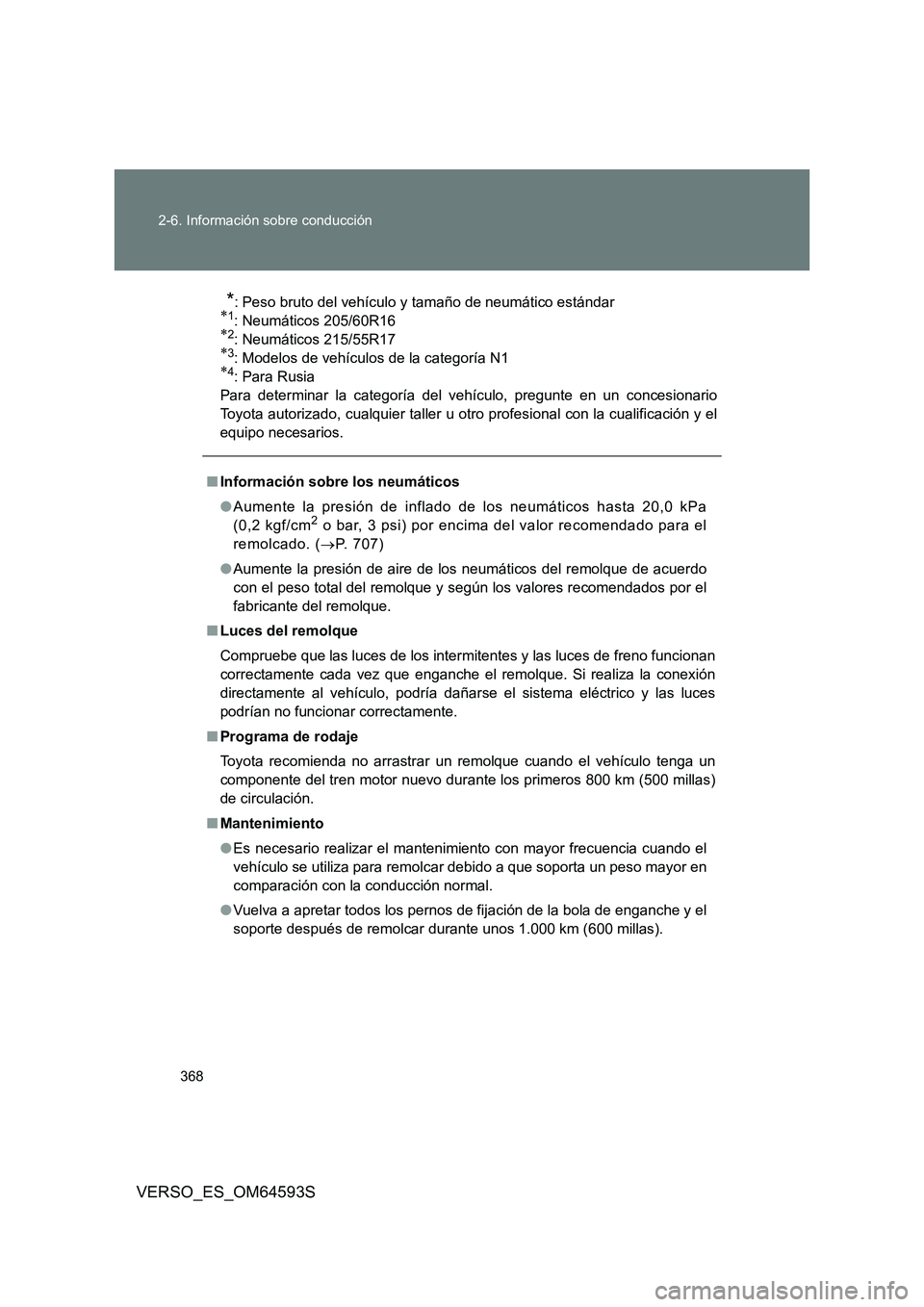 TOYOTA VERSO 2016 Manuale de Empleo (in Spanish) 368
2-6. Información sobre conducción
VERSO_ES_OM64593S
*: Peso bruto del vehículo y tamaño de neumático estándar1: Neumáticos 205/60R162: Neumáticos 215/55R173: Modelos de vehículo TOYOTA VERSO 2016 Manuale de Empleo (in Spanish) 368
2-6. Información sobre conducción
VERSO_ES_OM64593S
*: Peso bruto del vehículo y tamaño de neumático estándar1: Neumáticos 205/60R162: Neumáticos 215/55R173: Modelos de vehículo