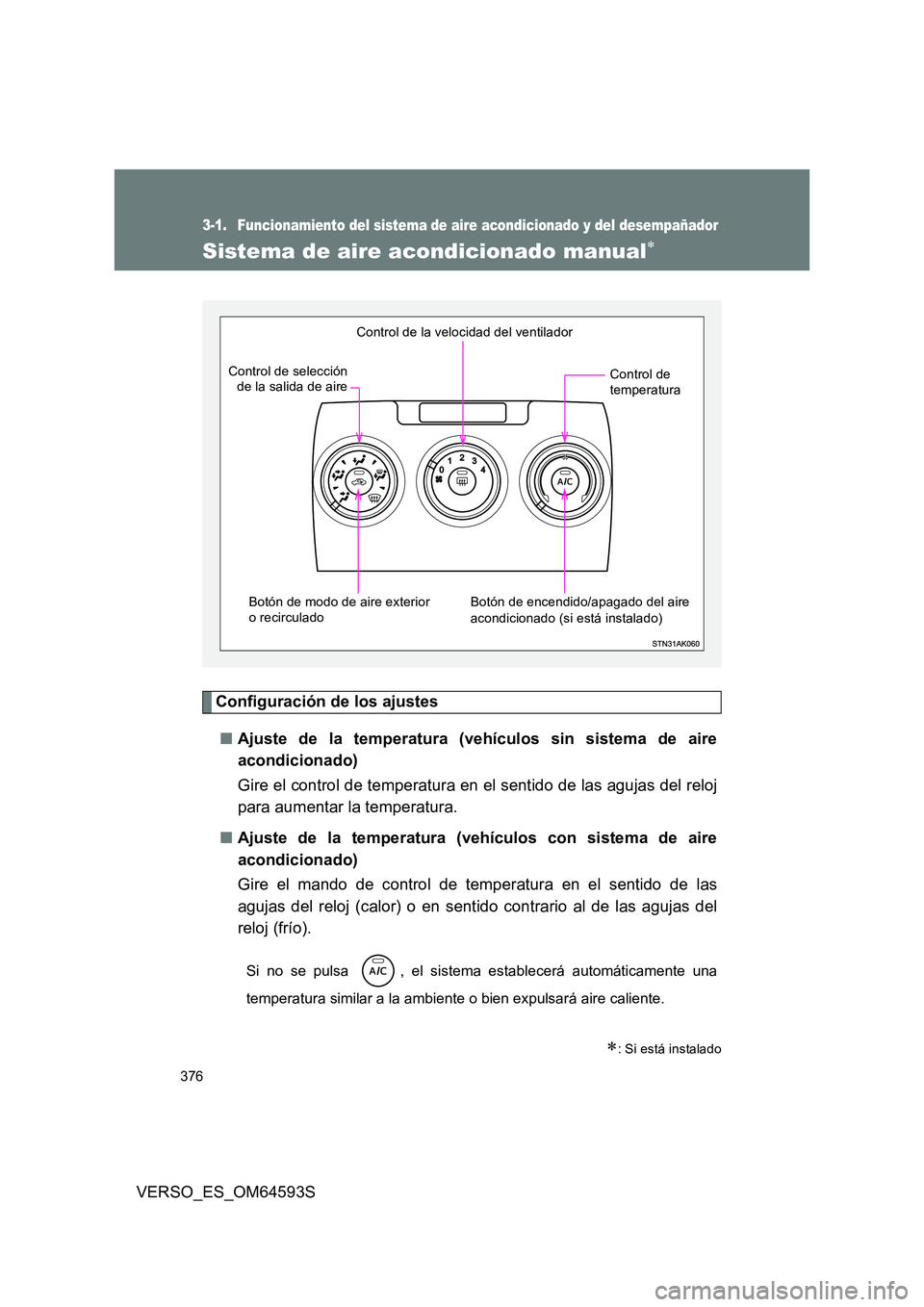 TOYOTA VERSO 2016  Manuale de Empleo (in Spanish) 376
VERSO_ES_OM64593S
3-1. Funcionamiento del sistema de aire acondicionado y del desempañador
Sistema de aire acondicionado manual
Configuración de los ajustes 
■ Ajuste de la temperatura (veh