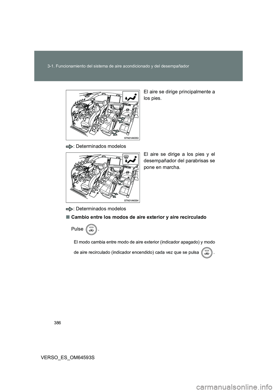 TOYOTA VERSO 2016  Manuale de Empleo (in Spanish) 386 
3-1. Funcionamiento del sistema de aire acondicionado y del desempañador
VERSO_ES_OM64593S 
El aire se dirige principalmente a 
los pies. 
: Determinados modelos 
El aire se dirige a los pies y 