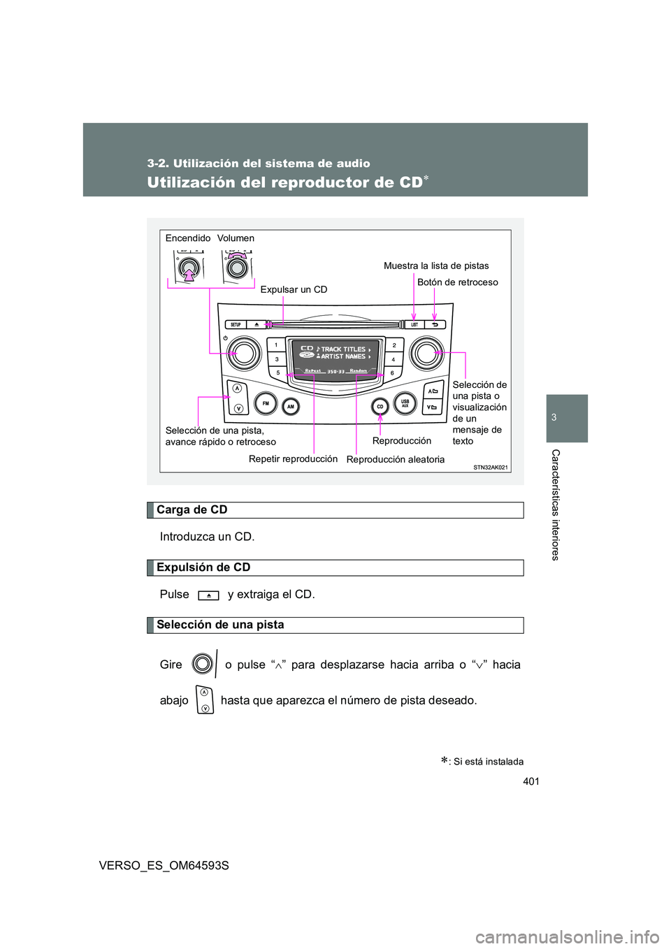 TOYOTA VERSO 2016  Manuale de Empleo (in Spanish) 401
3-2. Utilización del sistema de audio
3
Características interiores
VERSO_ES_OM64593S
Utilización del reproductor de CD
Carga de CD 
Introduzca un CD.
Expulsión de CD 
Pulse   y extraiga el 