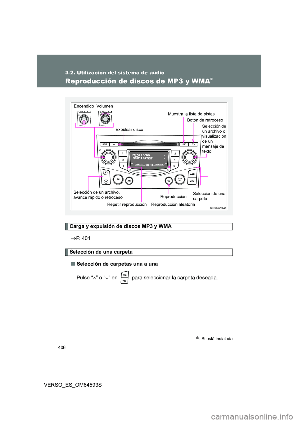 TOYOTA VERSO 2016  Manuale de Empleo (in Spanish) 406
3-2. Utilización del sistema de audio
VERSO_ES_OM64593S
Reproducción de discos de MP3 y WMA
Carga y expulsión de discos MP3 y WMA 
 P.  4 0 1
Selección de una carpeta 
■ Selección de 