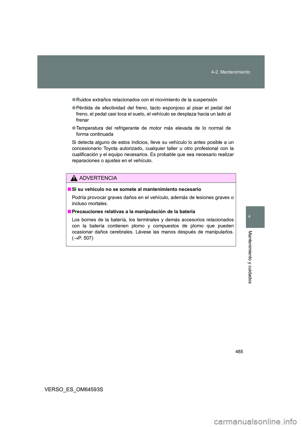 TOYOTA VERSO 2016 Manuale de Empleo (in Spanish) 485
4-2. Mantenimiento
4
Mantenimiento y cuidados
VERSO_ES_OM64593S
● Ruidos extraños relacionados con el movimiento de la suspensión
● Pérdida de efectividad del freno, tacto esponjoso al pi TOYOTA VERSO 2016 Manuale de Empleo (in Spanish) 485
4-2. Mantenimiento
4
Mantenimiento y cuidados
VERSO_ES_OM64593S
● Ruidos extraños relacionados con el movimiento de la suspensión
● Pérdida de efectividad del freno, tacto esponjoso al pi