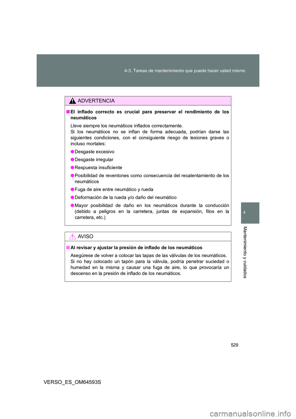 TOYOTA VERSO 2016 Manuale de Empleo (in Spanish) 529
4-3. Tareas de mantenimiento que puede hacer usted mismo
4
Mantenimiento y cuidados
VERSO_ES_OM64593S
ADVERTENCIA
■ El inflado correcto es crucial para preservar el rendimiento de los
neumáti TOYOTA VERSO 2016 Manuale de Empleo (in Spanish) 529
4-3. Tareas de mantenimiento que puede hacer usted mismo
4
Mantenimiento y cuidados
VERSO_ES_OM64593S
ADVERTENCIA
■ El inflado correcto es crucial para preservar el rendimiento de los
neumáti