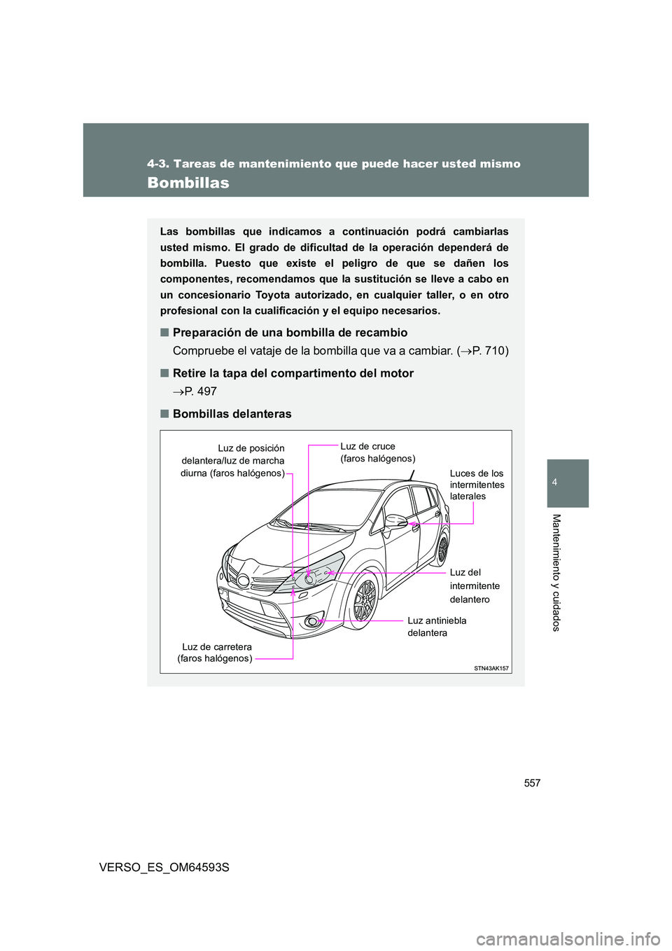 TOYOTA VERSO 2016  Manuale de Empleo (in Spanish) 557
4-3. Tareas de mantenimiento que puede hacer usted mismo
4
Mantenimiento y cuidados
VERSO_ES_OM64593S
Bombillas
Las bombillas que indicamos a continuación podrá cambiarlas 
usted mismo. El grado