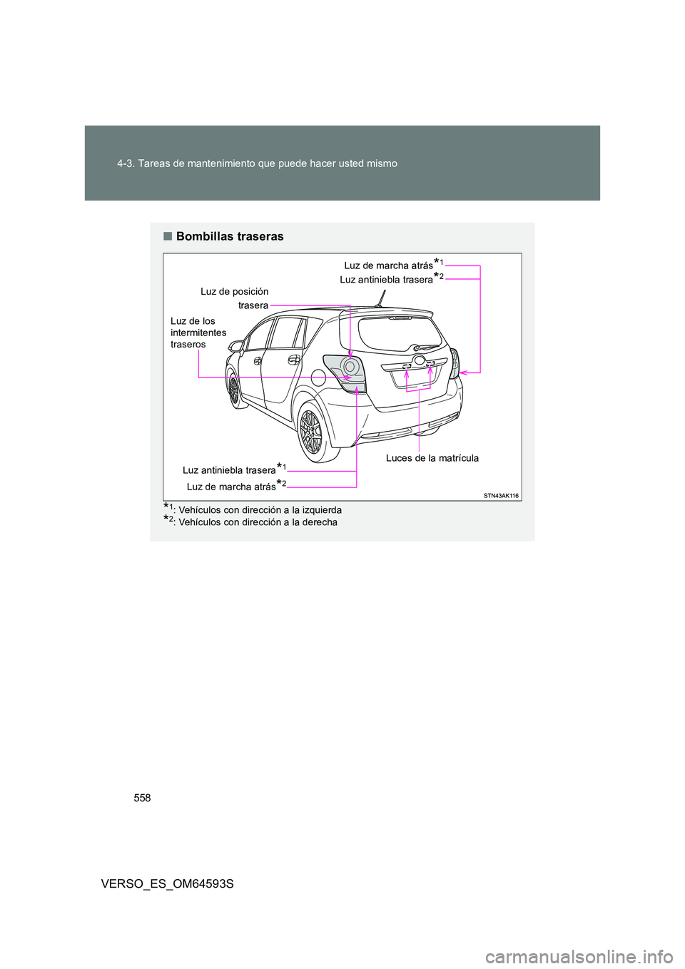 TOYOTA VERSO 2016  Manuale de Empleo (in Spanish) 558 
4-3. Tareas de mantenimiento que puede hacer usted mismo
VERSO_ES_OM64593S
■ Bombillas traseras
*1: Vehículos con dirección a la izquierda 
*2: Vehículos con dirección a la derecha
Luz de p