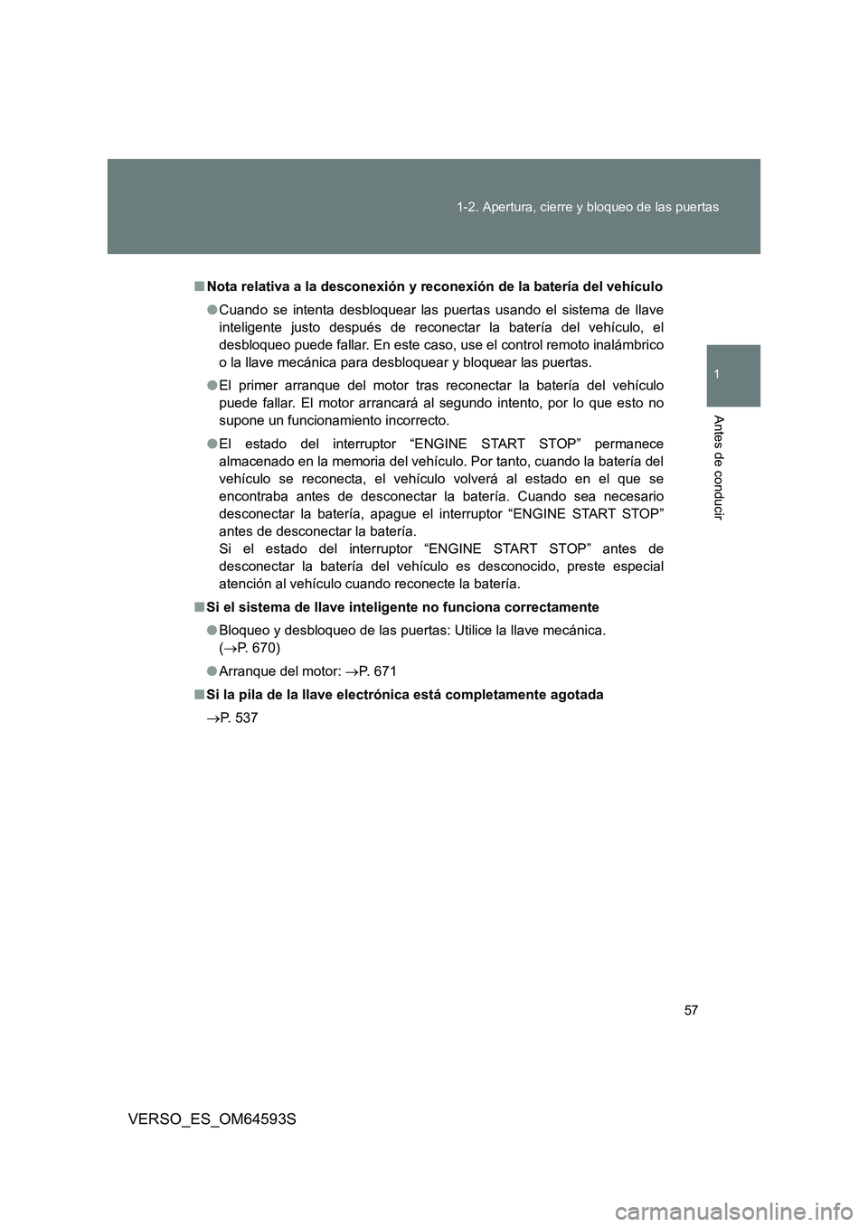 TOYOTA VERSO 2016 Manuale de Empleo (in Spanish) 57
1-2. Apertura, cierre y bloqueo de las puertas
1
Antes de conducir
VERSO_ES_OM64593S
■ Nota relativa a la desconexión y reconexión de la batería del vehículo
● Cuando se intenta desbloque TOYOTA VERSO 2016 Manuale de Empleo (in Spanish) 57
1-2. Apertura, cierre y bloqueo de las puertas
1
Antes de conducir
VERSO_ES_OM64593S
■ Nota relativa a la desconexión y reconexión de la batería del vehículo
● Cuando se intenta desbloque