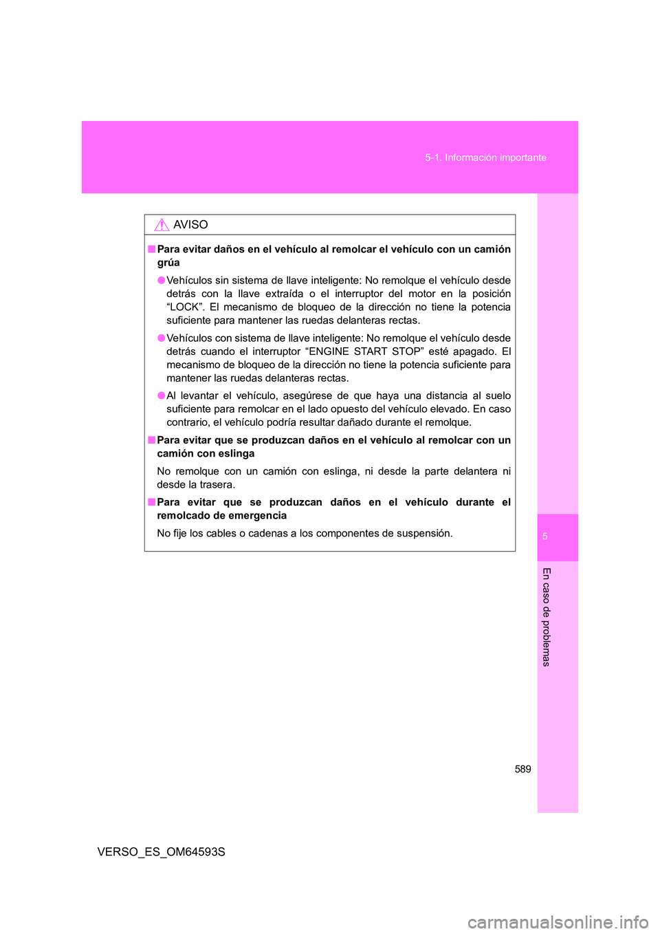 TOYOTA VERSO 2016 Manuale de Empleo (in Spanish) 5
589
5-1. Información importante
En caso de problemas
VERSO_ES_OM64593S
AV I S O
■ Para evitar daños en el vehículo al remolcar el vehículo con un camión
grúa
● Vehículos sin sistema de TOYOTA VERSO 2016 Manuale de Empleo (in Spanish) 5
589
5-1. Información importante
En caso de problemas
VERSO_ES_OM64593S
AV I S O
■ Para evitar daños en el vehículo al remolcar el vehículo con un camión
grúa
● Vehículos sin sistema de