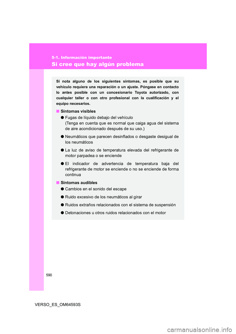TOYOTA VERSO 2016 Manuale de Empleo (in Spanish) 590
5-1. Información importante
VERSO_ES_OM64593S
Si cree que hay algún problema
Si nota alguno de los siguientes síntomas, es posible que su
vehículo requiera una reparación o un ajuste. Póng TOYOTA VERSO 2016 Manuale de Empleo (in Spanish) 590
5-1. Información importante
VERSO_ES_OM64593S
Si cree que hay algún problema
Si nota alguno de los siguientes síntomas, es posible que su
vehículo requiera una reparación o un ajuste. Póng