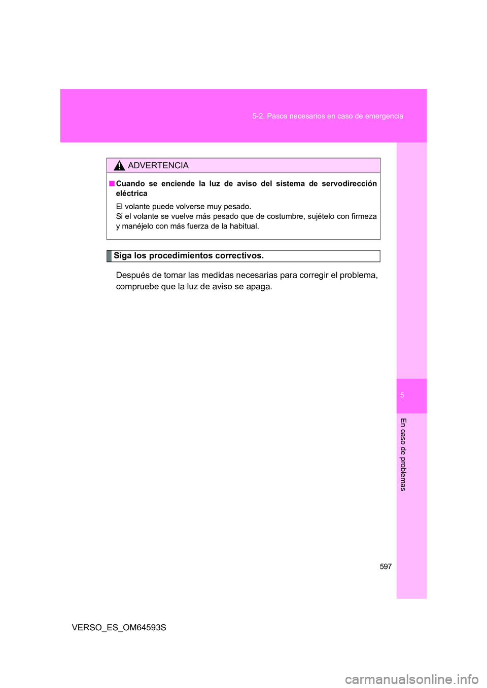 TOYOTA VERSO 2016  Manuale de Empleo (in Spanish) 5
597 
5-2. Pasos necesarios en caso de emergencia
En caso de problemas
VERSO_ES_OM64593S
Siga los procedimientos correctivos. 
Después de tomar las medidas necesarias para corregir el problema, 
com