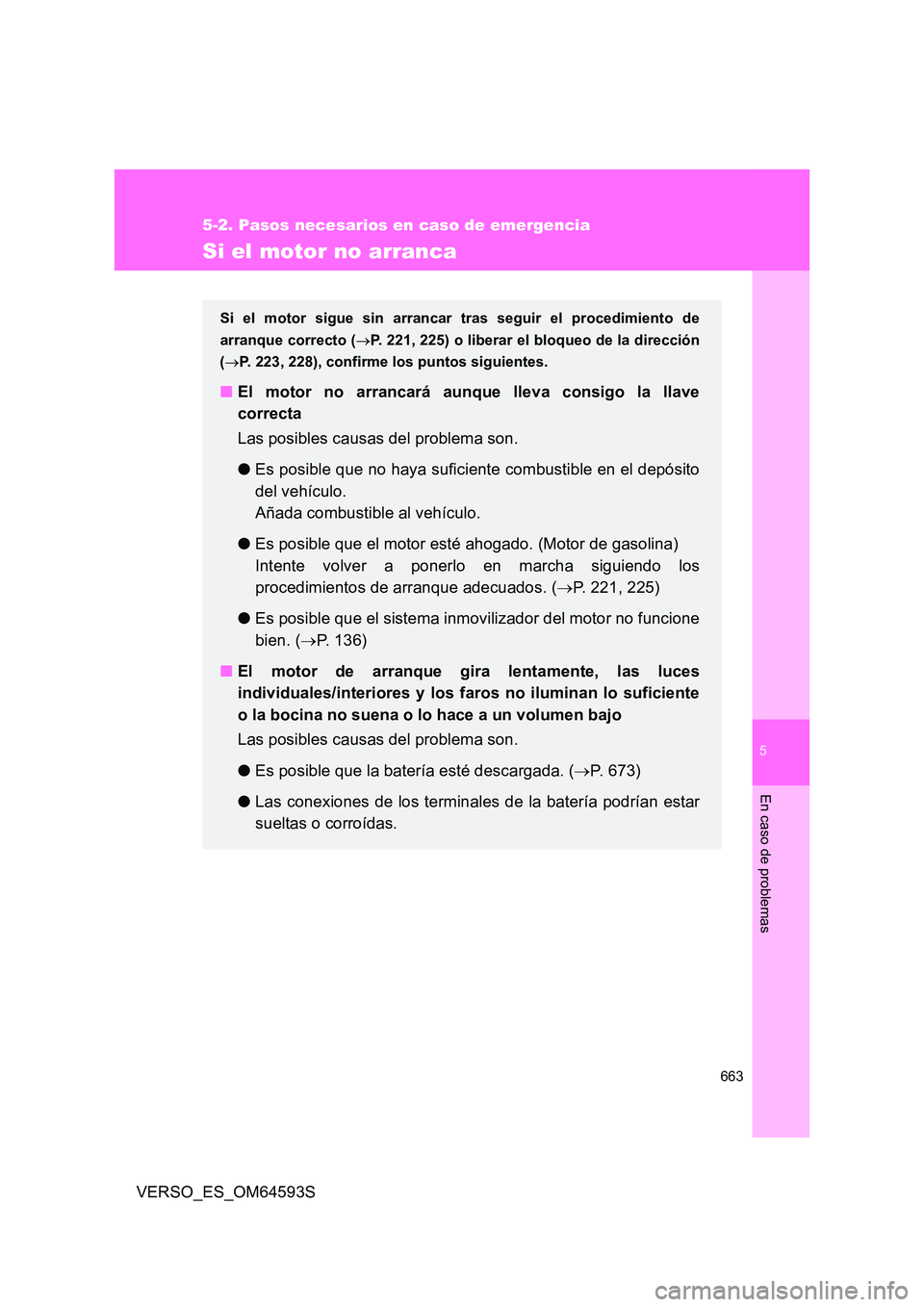 TOYOTA VERSO 2016 Manuale de Empleo (in Spanish) 5
663
5-2. Pasos necesarios en caso de emergencia
En caso de problemas
VERSO_ES_OM64593S
Si el motor no arranca
Si el motor sigue sin arrancar tras seguir el procedimiento de
arranque correcto ( P TOYOTA VERSO 2016 Manuale de Empleo (in Spanish) 5
663
5-2. Pasos necesarios en caso de emergencia
En caso de problemas
VERSO_ES_OM64593S
Si el motor no arranca
Si el motor sigue sin arrancar tras seguir el procedimiento de
arranque correcto ( P