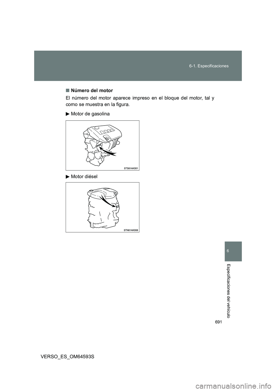 TOYOTA VERSO 2016  Manuale de Empleo (in Spanish) 691 
6-1. Especificaciones
6
VERSO_ES_OM64593S
Especificaciones del vehículo
■ Número del motor 
El número del motor aparece impreso en el bloque del motor, tal y 
como se muestra en la figura. 

