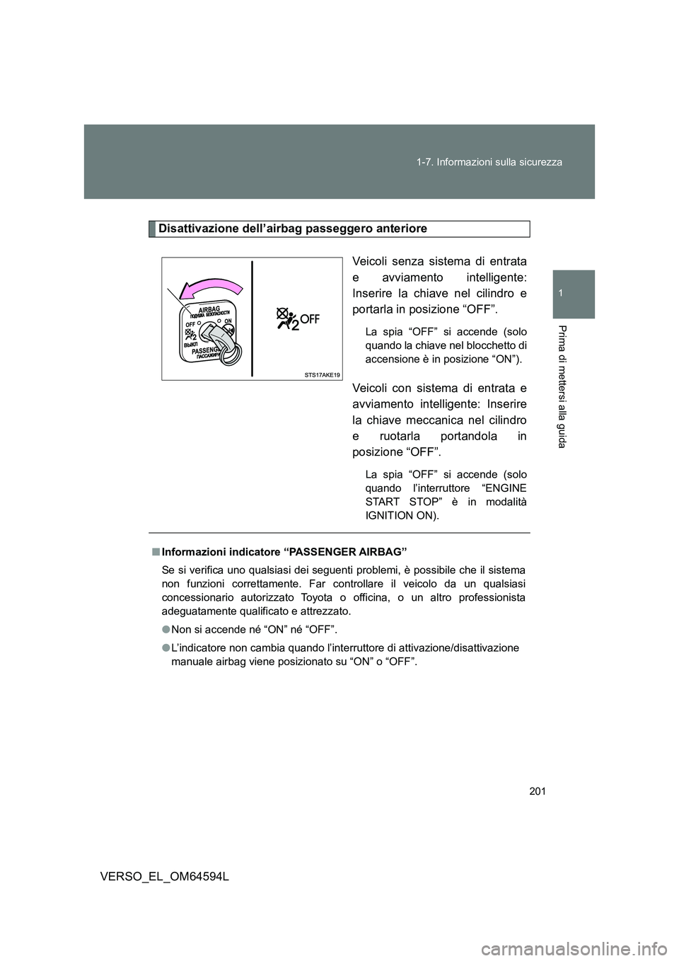 TOYOTA VERSO 2016  Manuale duso (in Italian) 201 
1-7. Informazioni sulla sicurezza
1
Prima di mettersi alla guida
VERSO_EL_OM64594L
Disattivazione dell’airbag passeggero anteriore 
Veicoli senza sistema di entrata 
e avviamento intelligente:
