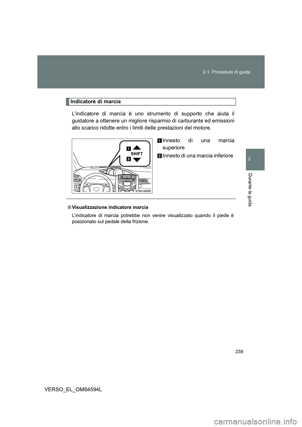 TOYOTA VERSO 2016  Manuale duso (in Italian) 239 
2-1. Procedure di guida
2
Durante la guida
VERSO_EL_OM64594L
Indicatore di marcia 
L’indicatore di marcia è uno strumento di supporto che aiuta il 
guidatore a ottenere un migliore risparmio d
