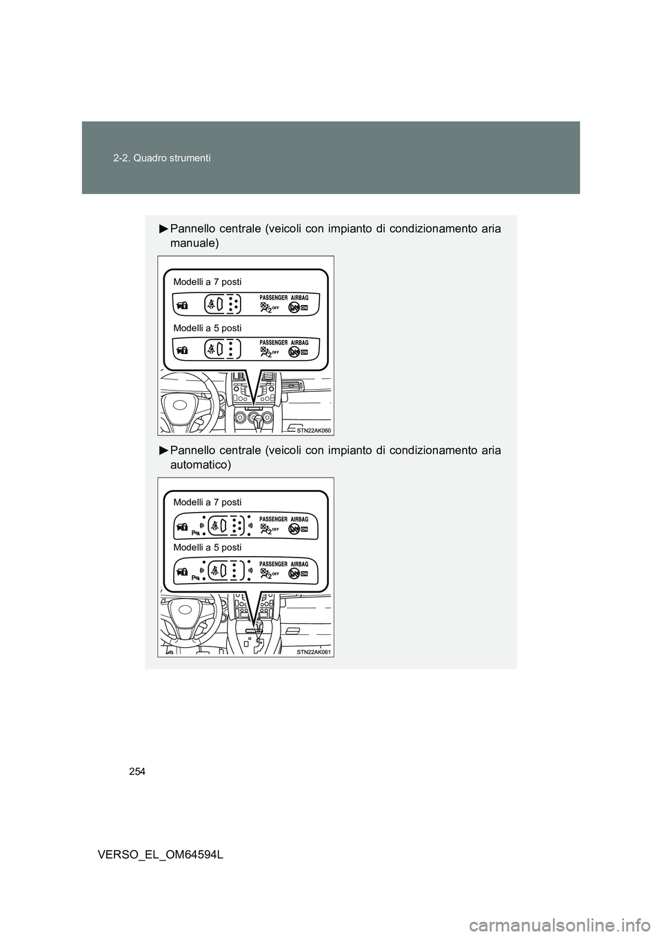 TOYOTA VERSO 2016  Manuale duso (in Italian) 254 
2-2. Quadro strumenti
VERSO_EL_OM64594L
Pannello centrale (veicoli con impianto di condizionamento aria 
manuale) 
Pannello centrale (veicoli con impianto di condizionamento aria 
automatico)
Mod