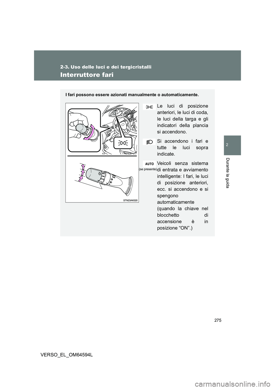 TOYOTA VERSO 2016  Manuale duso (in Italian) 275
2
Durante la guida
VERSO_EL_OM64594L
2-3. Uso delle luci e dei tergicristalli
Interruttore fari
I fari possono essere azionati manualmente o automaticamente.
Le luci di posizione 
anteriori, le lu