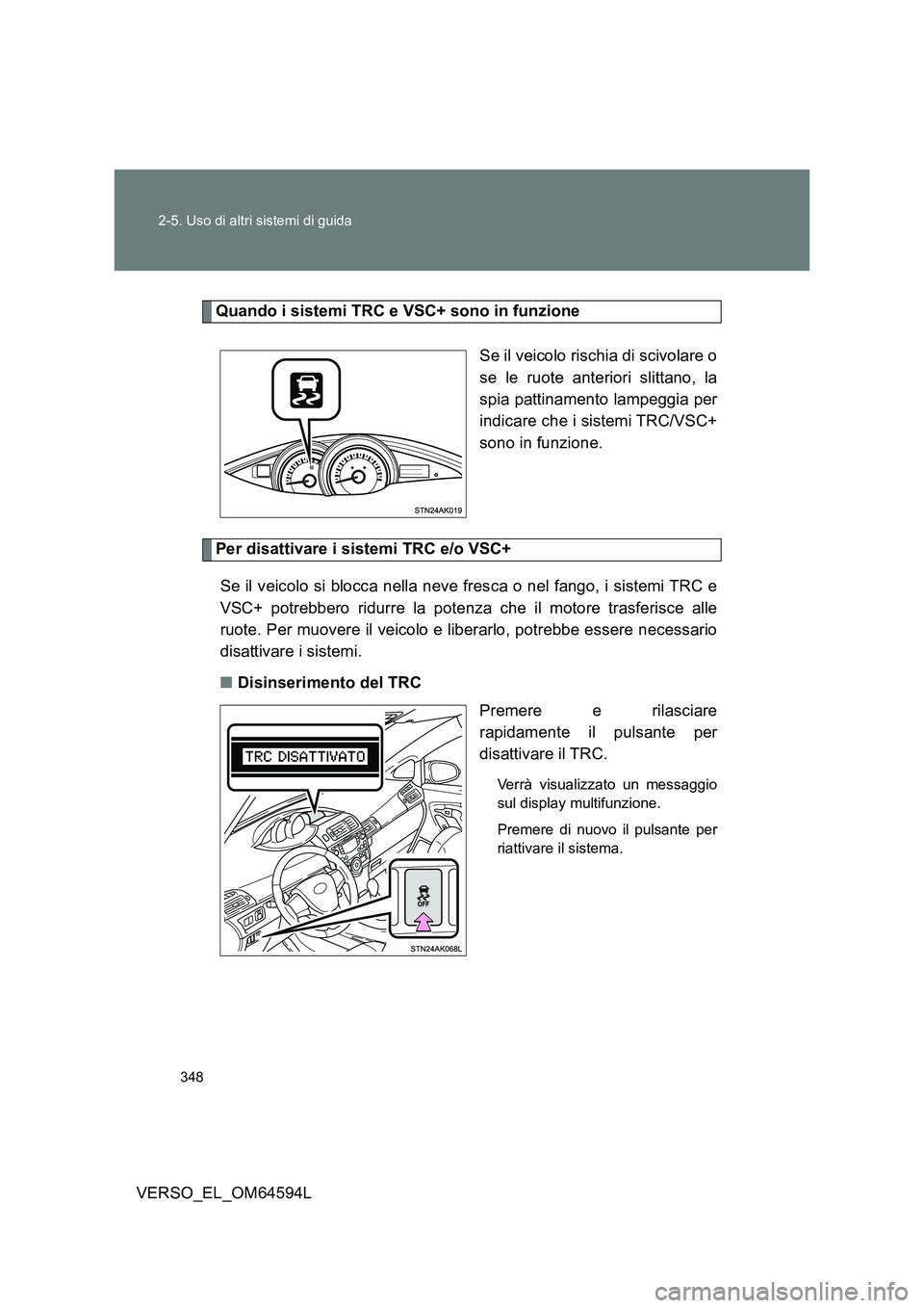 TOYOTA VERSO 2016  Manuale duso (in Italian) 348 
2-5. Uso di altri sistemi di guida
VERSO_EL_OM64594L
Quando i sistemi TRC e VSC+ sono in funzione 
Se il veicolo rischia di scivolare o 
se le ruote anteriori slittano, la
spia pattinamento lampe