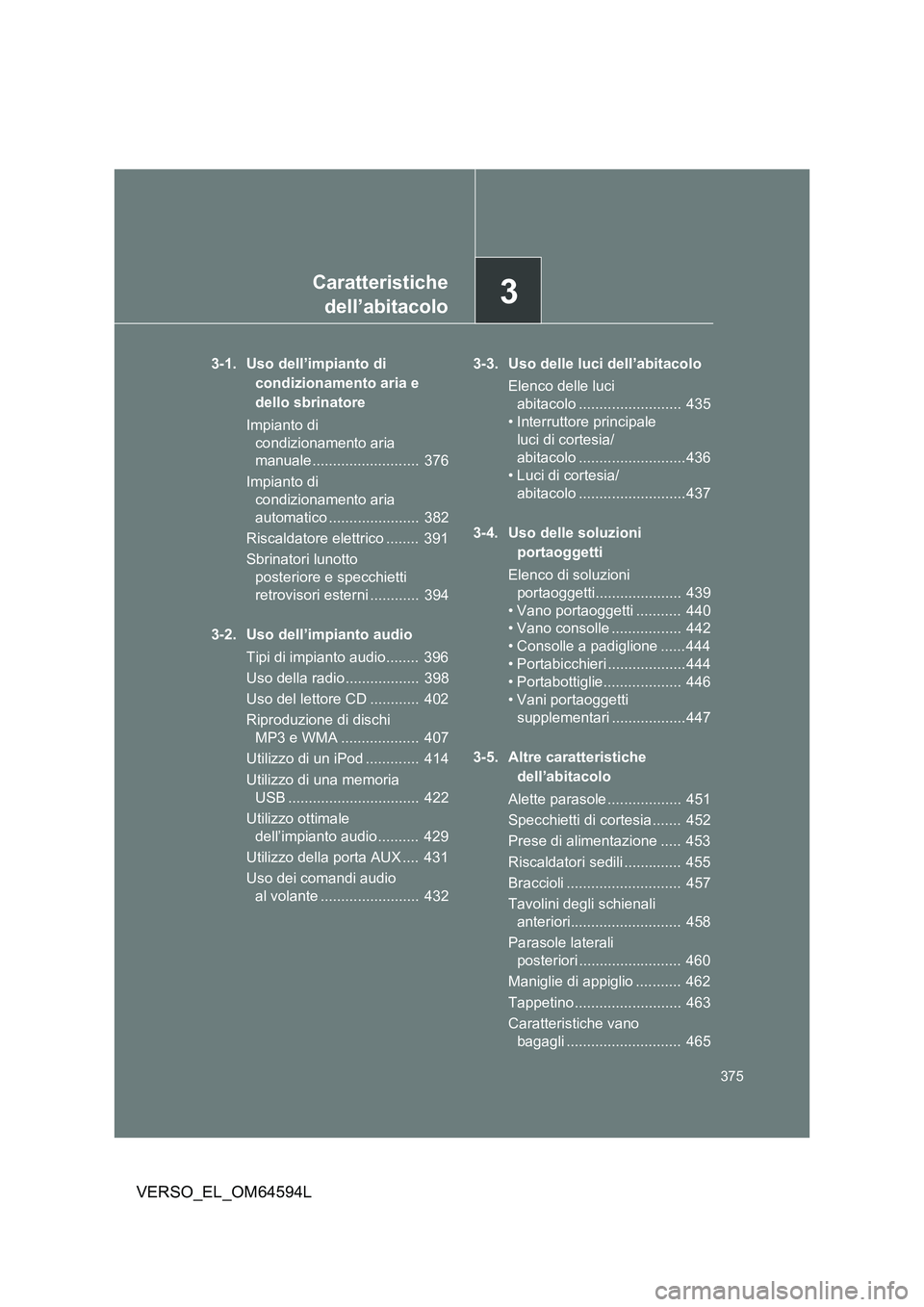 TOYOTA VERSO 2016  Manuale duso (in Italian) 3Caratteristiche 
dell’abitacolo
375
VERSO_EL_OM64594L
3-1. Uso dell’impianto di  
condizionamento aria e 
dello sbrinatore 
Impianto di  
condizionamento aria  
manuale ..........................