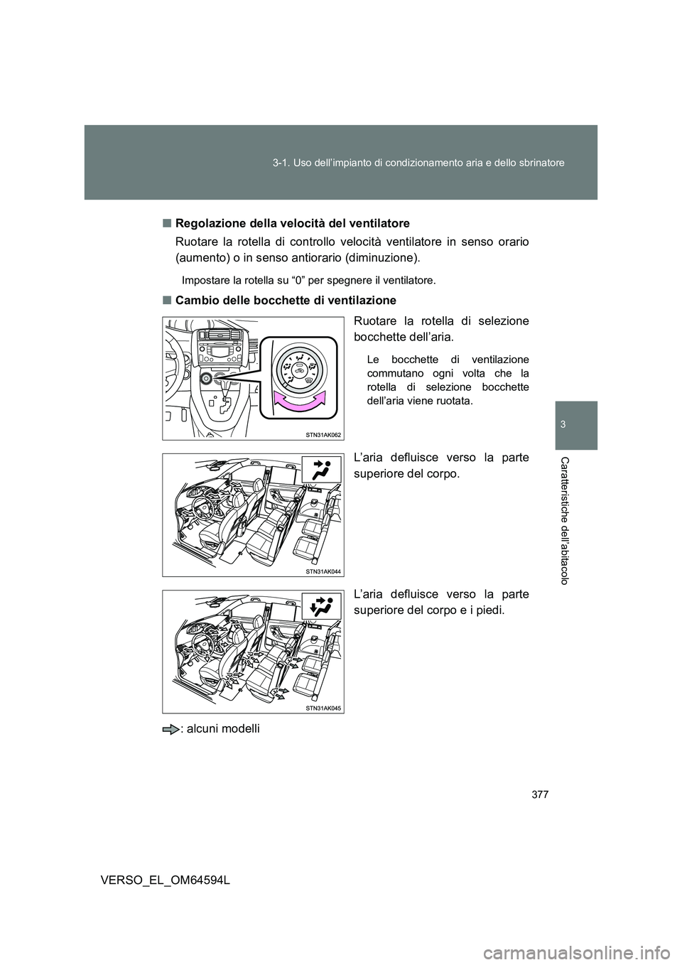 TOYOTA VERSO 2016  Manuale duso (in Italian) 377 
3-1. Uso dell’impianto di condizionamento aria e dello sbrinatore
3
Caratteristiche dell’abitacolo
VERSO_EL_OM64594L 
■ Regolazione della velocità del ventilatore 
Ruotare la rotella di co